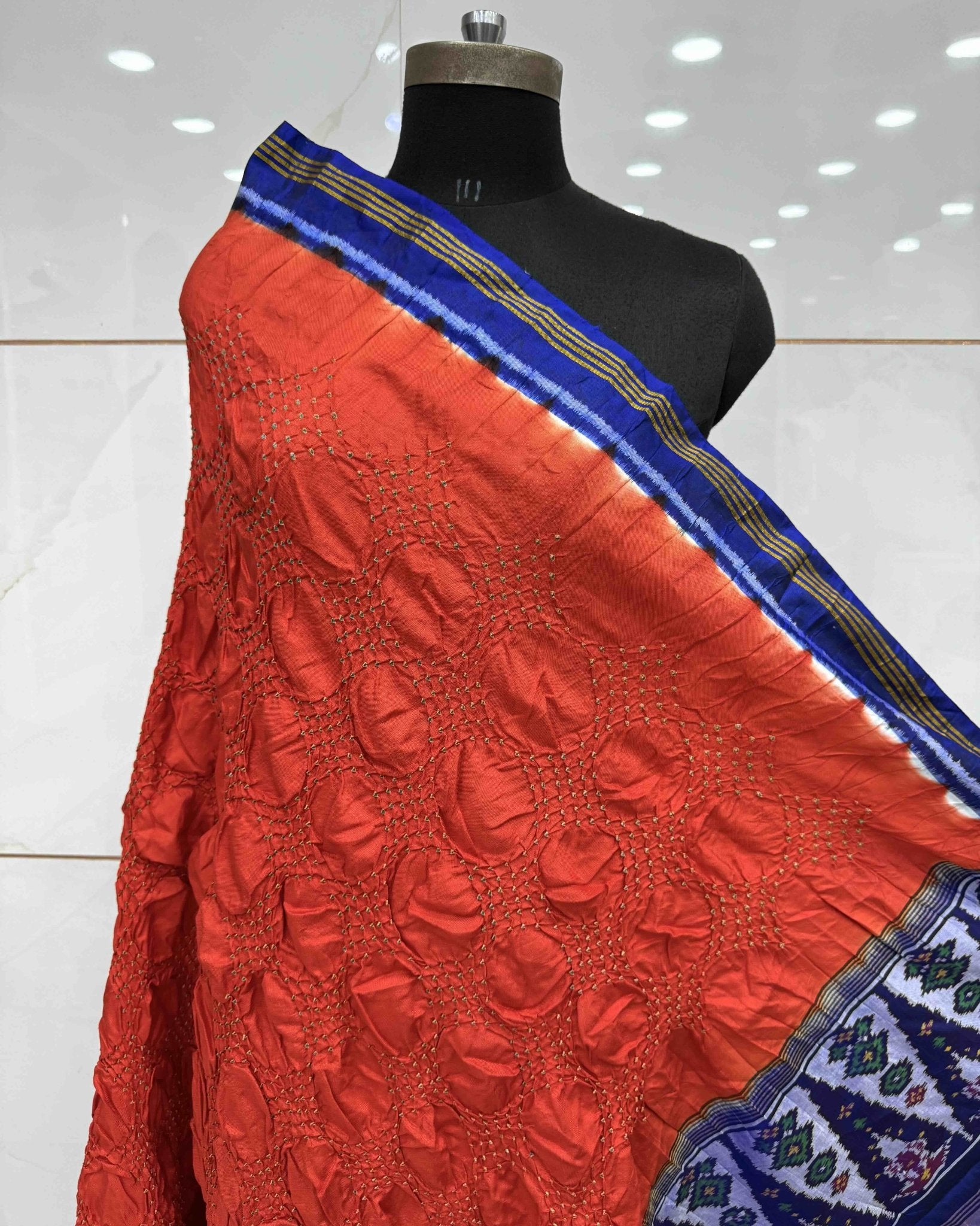 Blue & Orange Bandhani Patola Dupatta - SindhoiPatolaArt