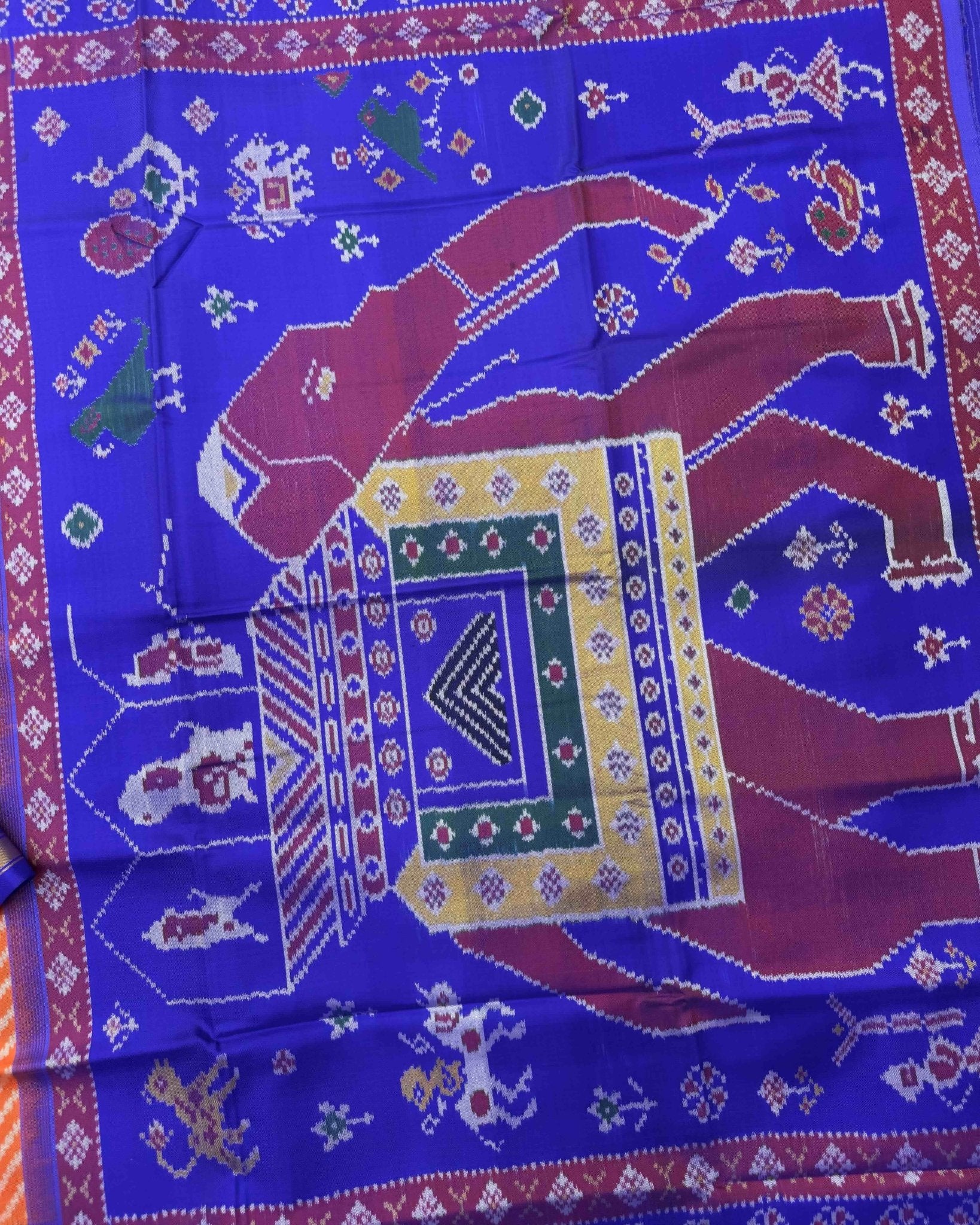 Blue & Orange Lining with Elephant Pallu Semi Double Ikat Patola Saree - SindhoiPatolaArt