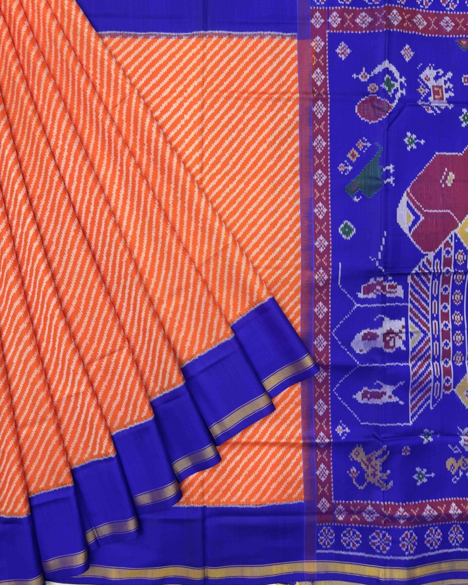 Blue & Orange Lining with Elephant Pallu Semi Double Ikat Patola Saree - SindhoiPatolaArt