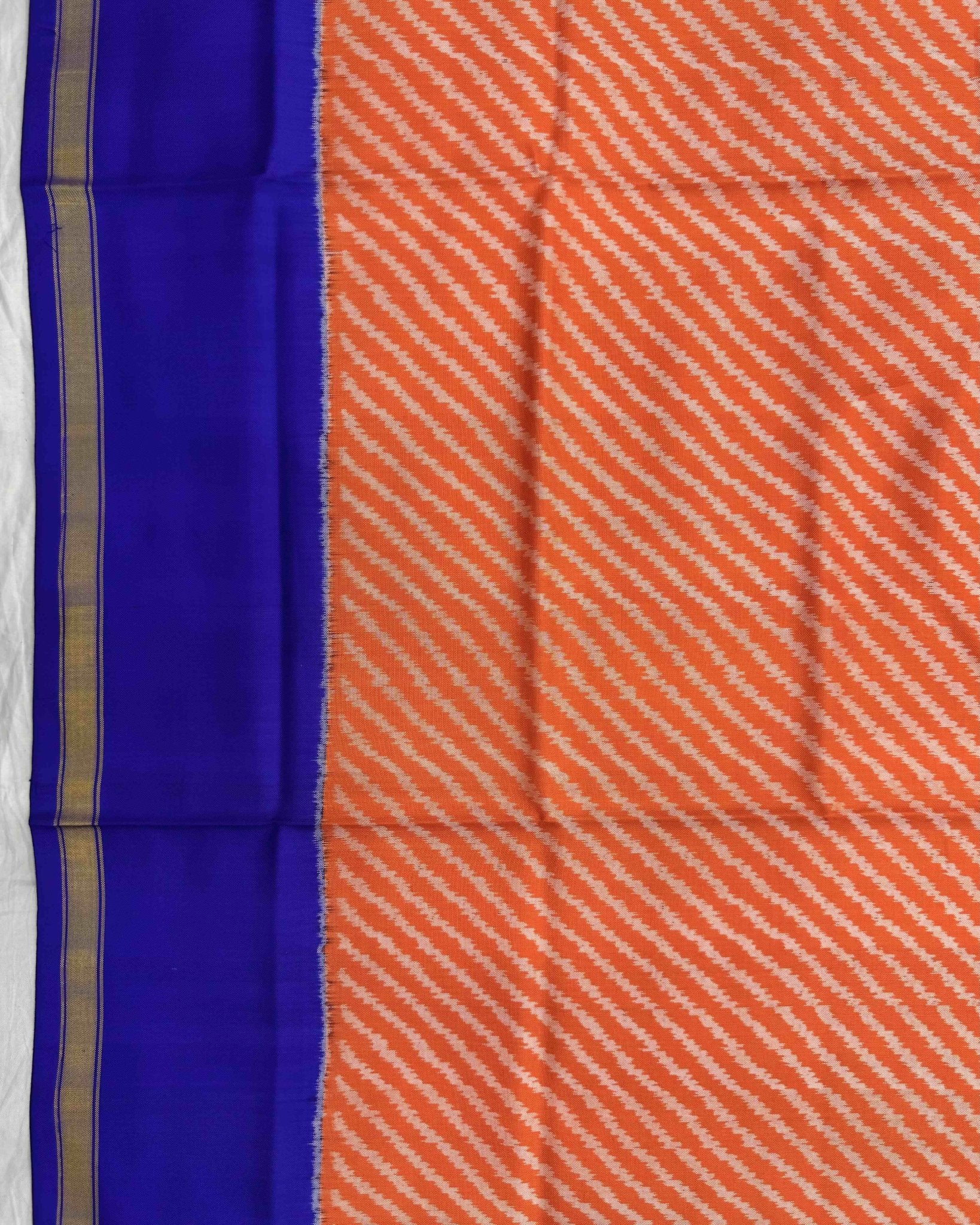 Blue & Orange Lining with Elephant Pallu Semi Double Ikat Patola Saree - SindhoiPatolaArt