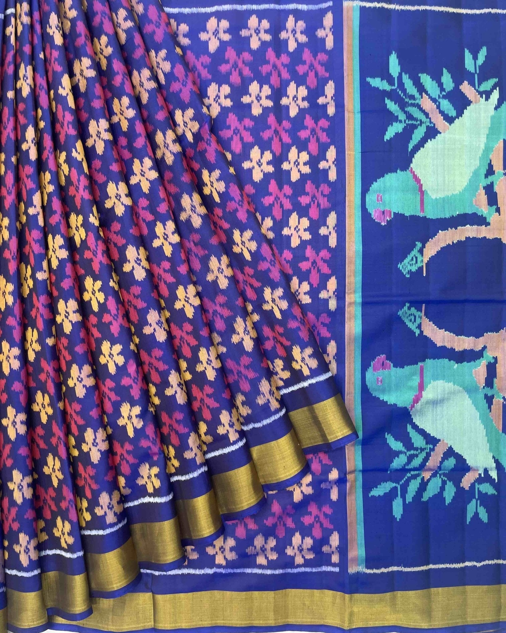 Blue & Purle Fancy Flower with Parrot Pallu Patola Saree - SindhoiPatolaArt