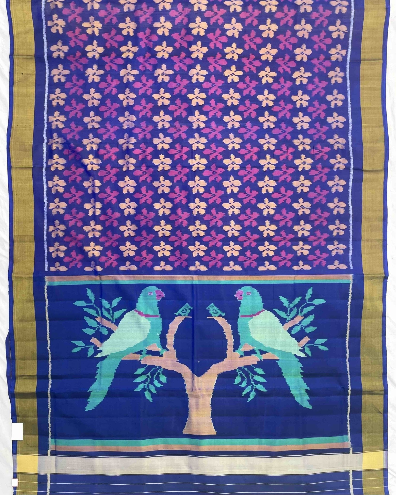 Blue & Purle Fancy Flower with Parrot Pallu Patola Saree - SindhoiPatolaArt