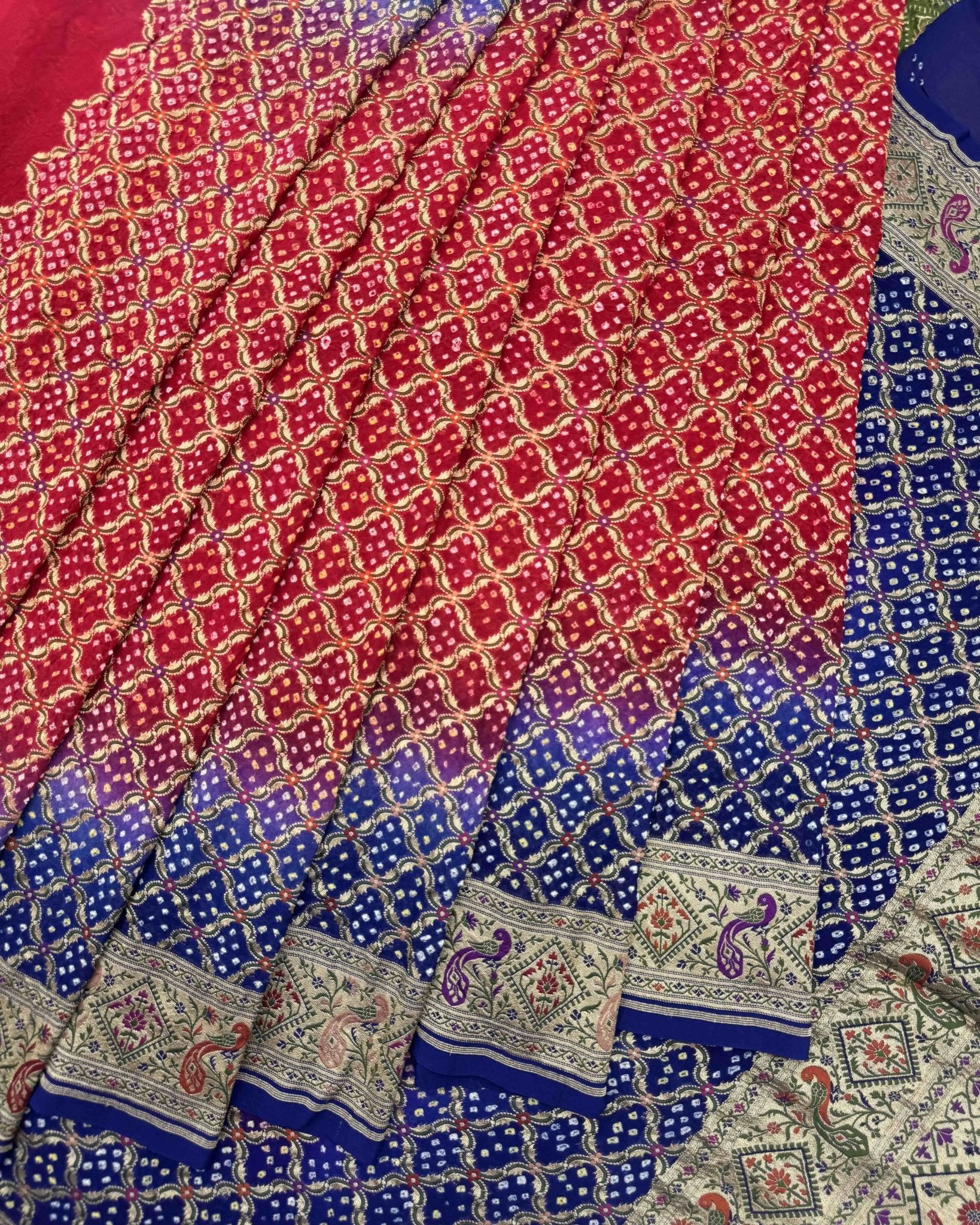 Blue & Red Banarasi Georgette Bandhani Saree - SindhoiPatolaArt