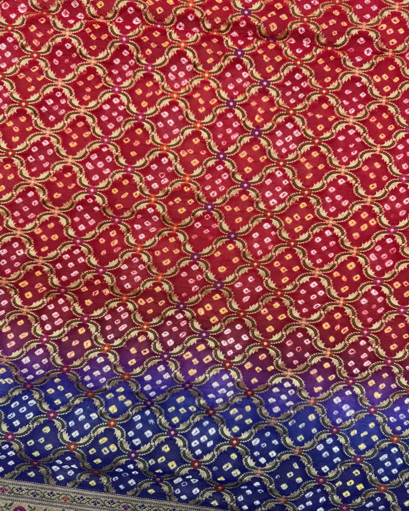 Blue & Red Banarasi Georgette Bandhani Saree - SindhoiPatolaArt