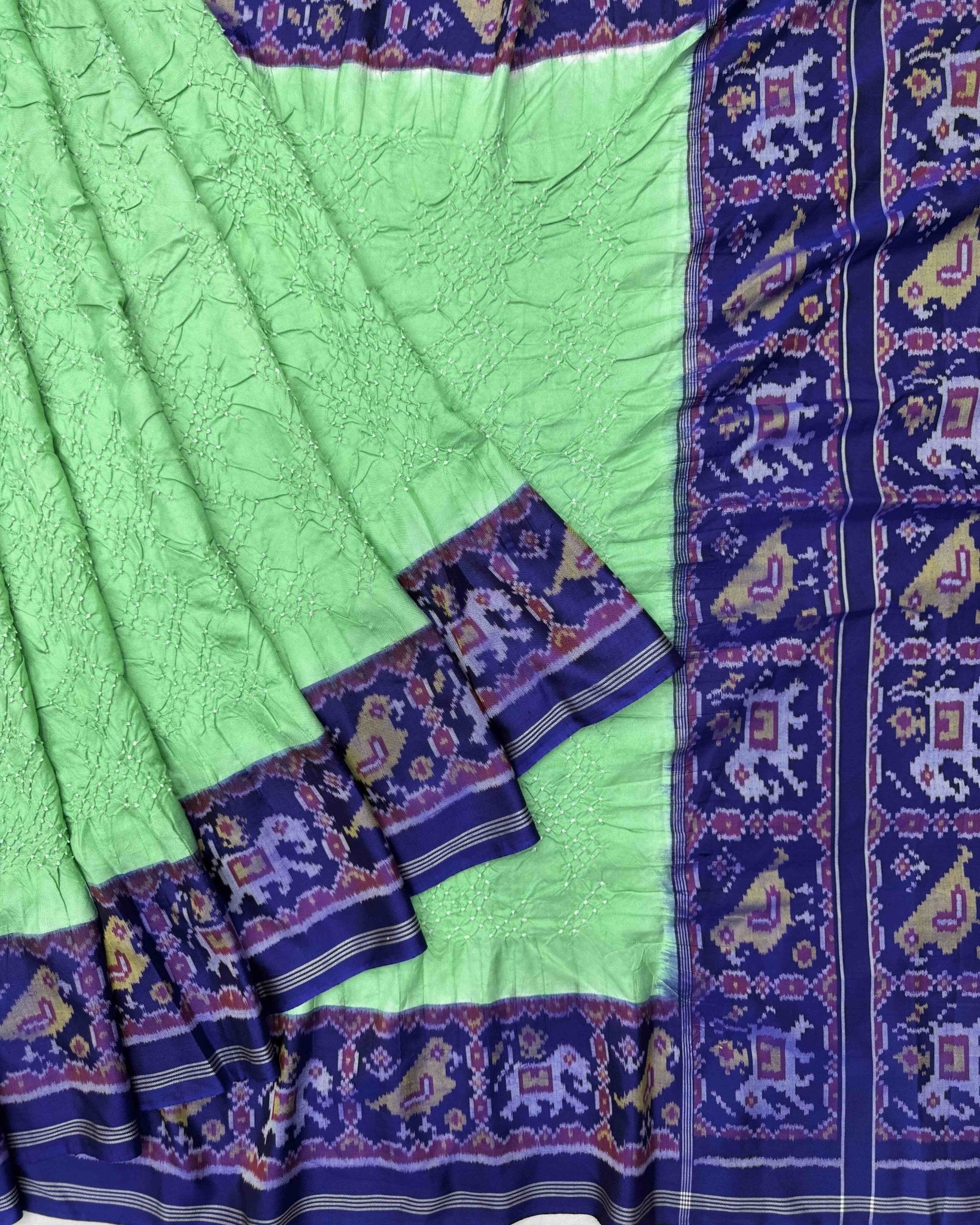 Blue & Sea Green Bandhani Patola Saree - SindhoiPatolaArt
