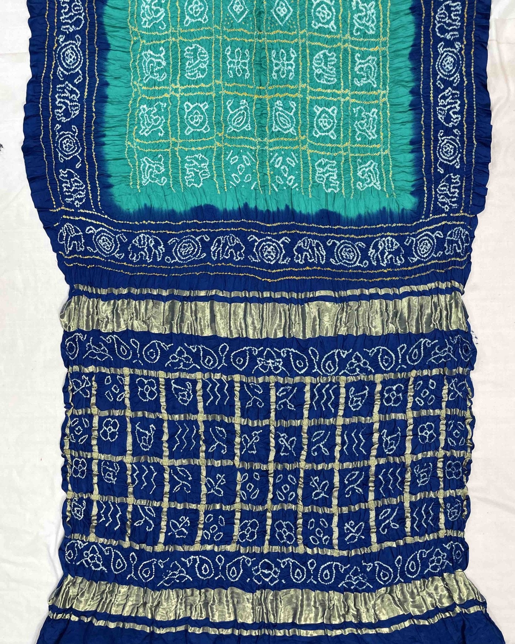 Blue & Sea Green with Chex Pallu Gajji Silk Bandhani Saree - SindhoiPatolaArt