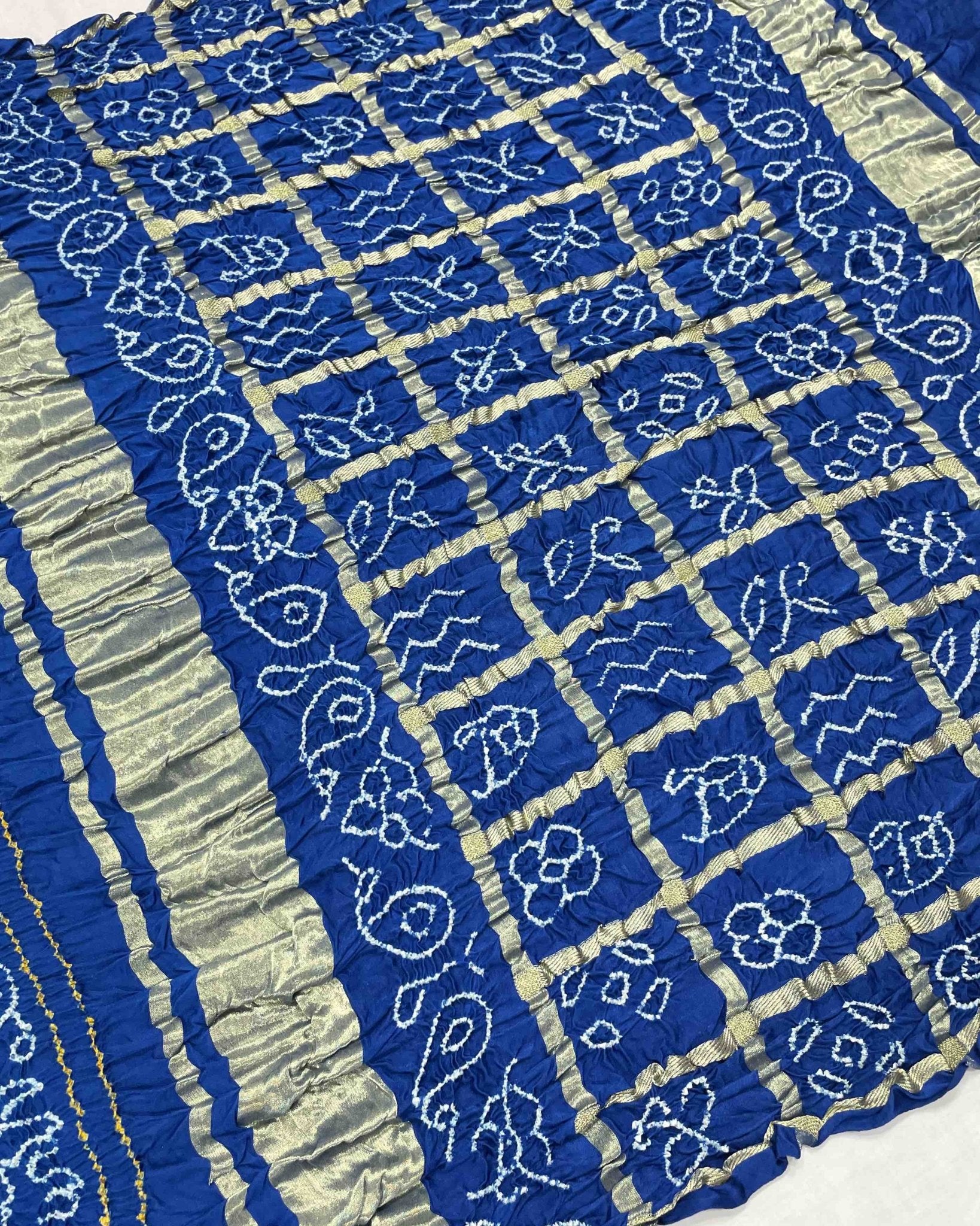 Blue & Sea Green with Chex Pallu Gajji Silk Bandhani Saree - SindhoiPatolaArt