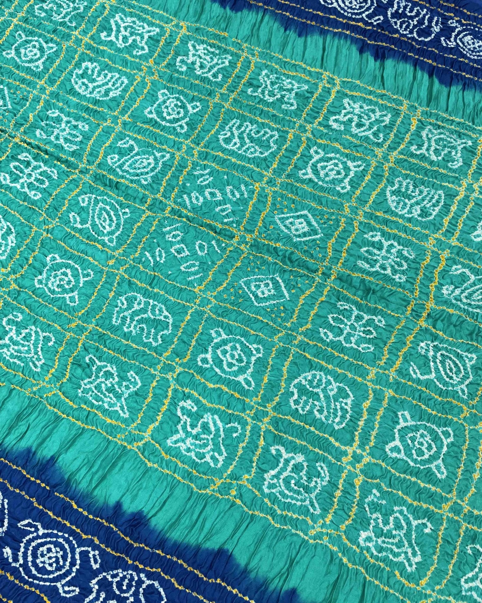Blue & Sea Green with Chex Pallu Gajji Silk Bandhani Saree - SindhoiPatolaArt