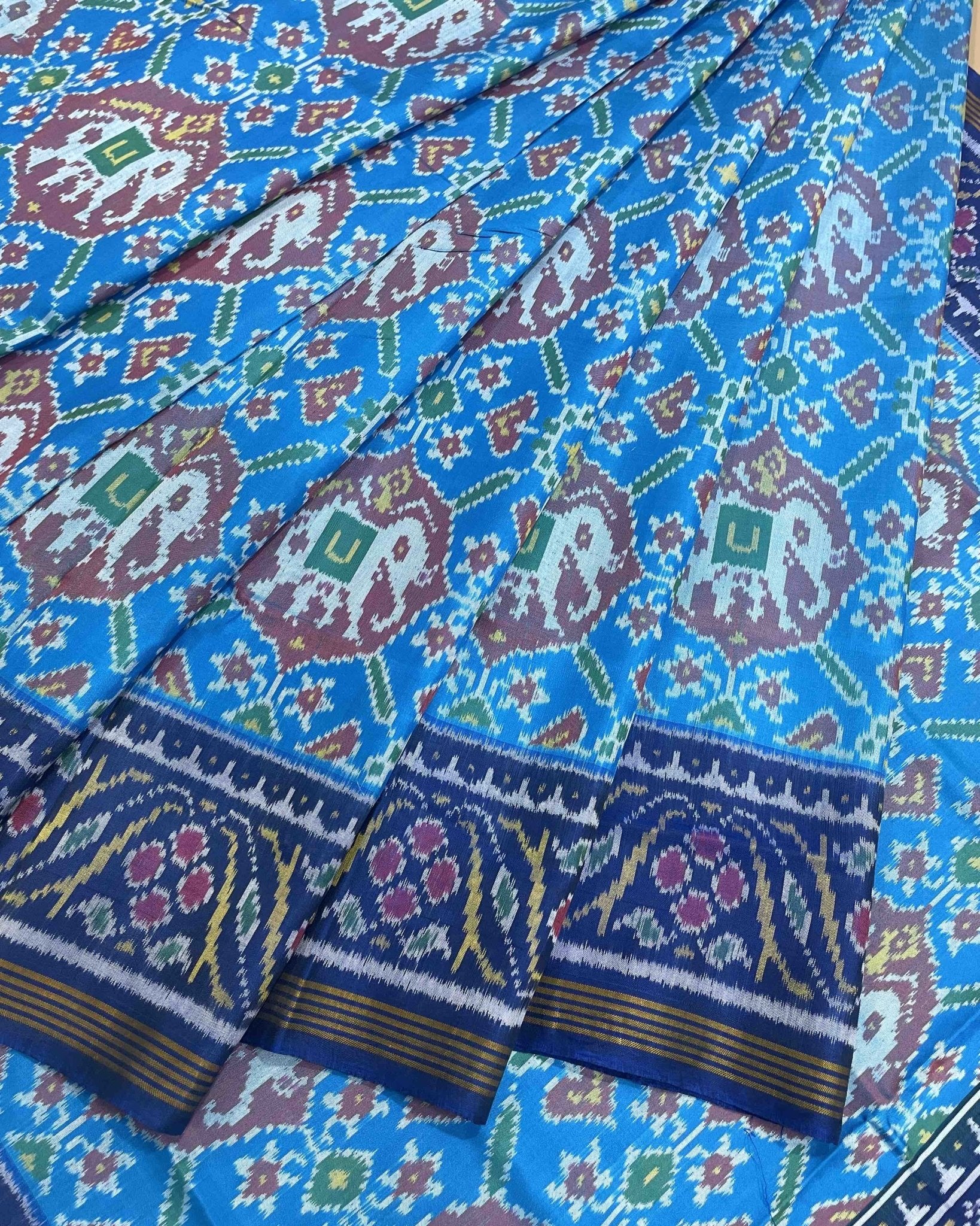 Blue & Sky Blue Elephant Manekchowk Designer Patola Saree - SindhoiPatolaArt