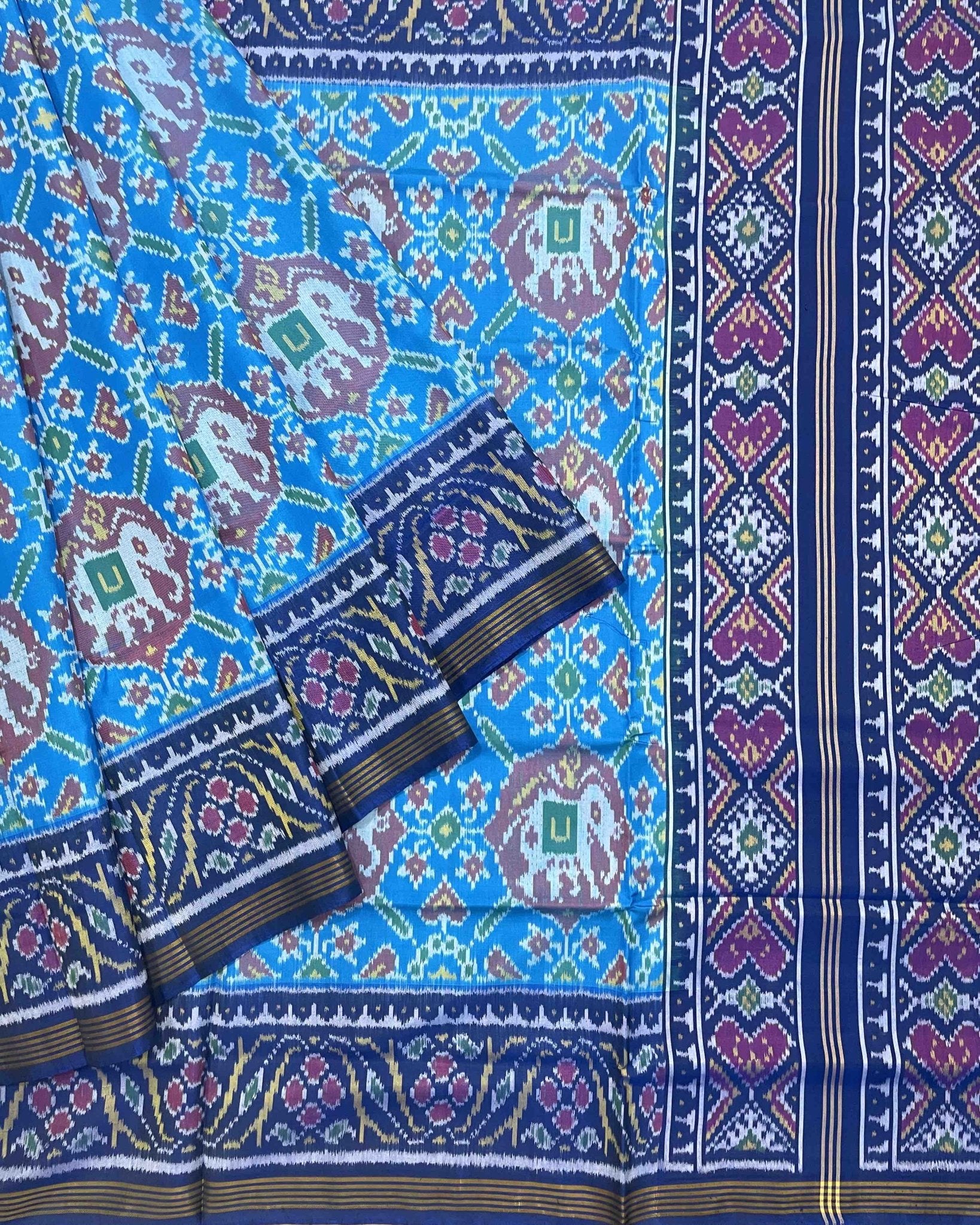 Blue & Sky Blue Elephant Manekchowk Designer Patola Saree - SindhoiPatolaArt
