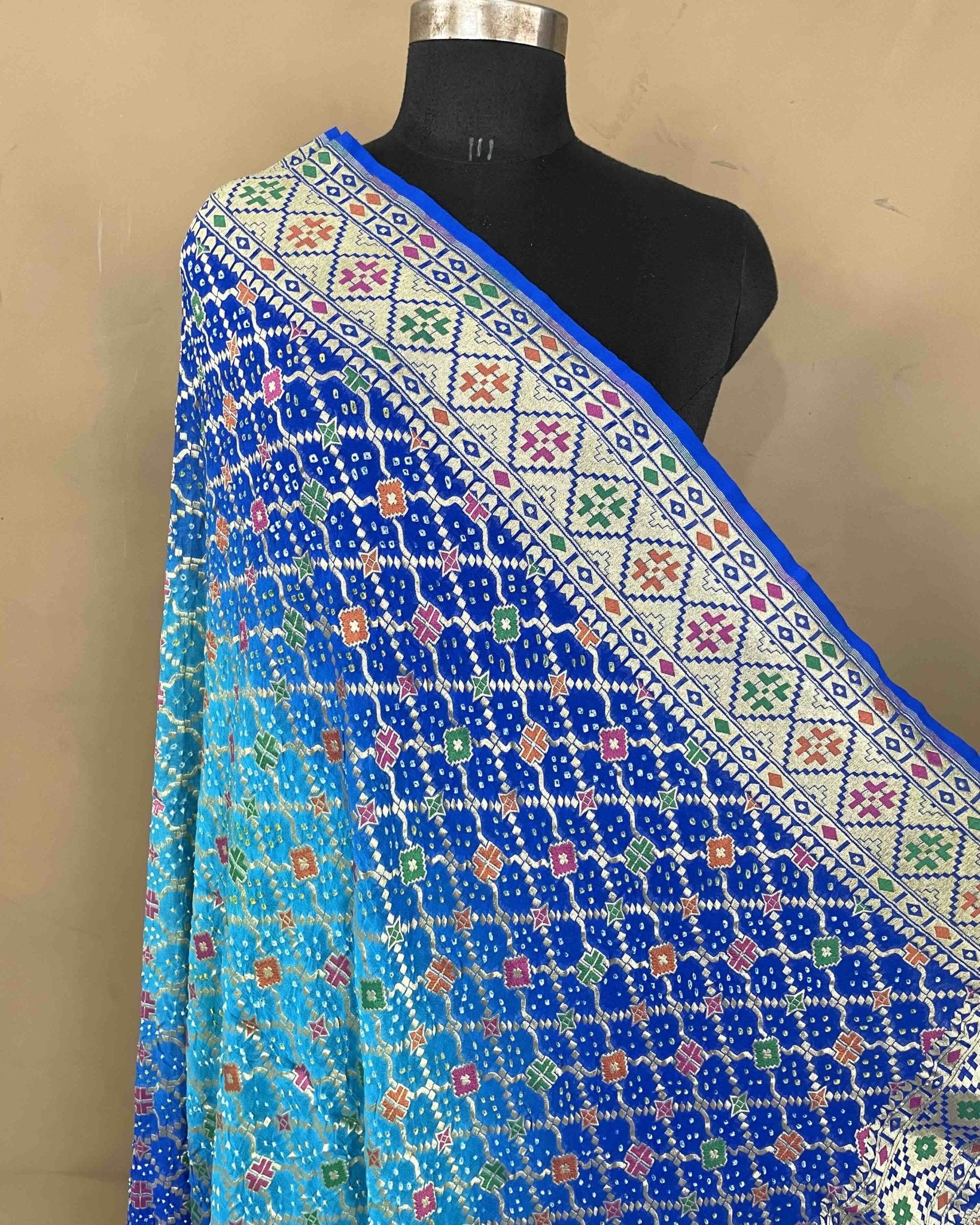 Blue & Sky Shaded Meenakari Georgette Bandhani Dupatta - SindhoiPatolaArt