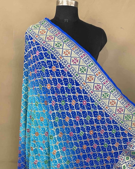 Blue & Sky Shaded Meenakari Georgette Bandhani Dupatta - SindhoiPatolaArt