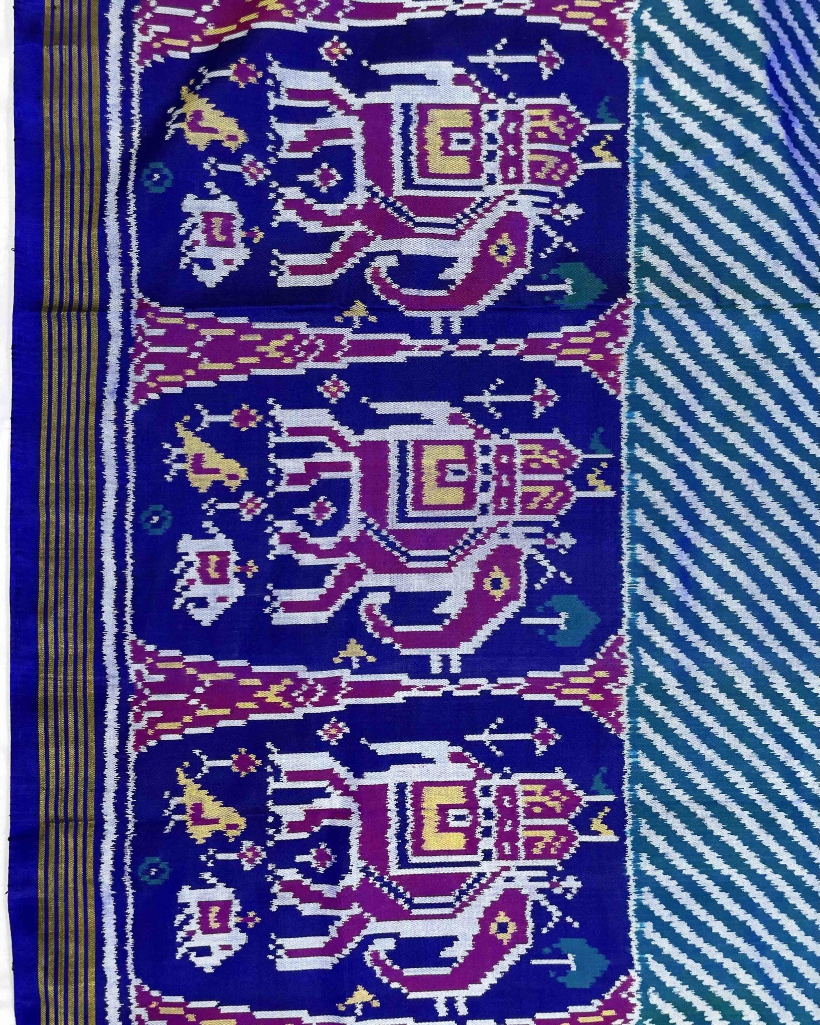Blue & Turquoise Lining in White with Elephant Scut Border Patola Saree - SindhoiPatolaArt