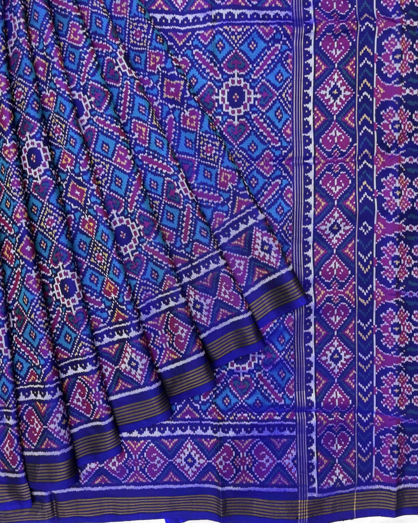 Blue & Turquoise Manekchowk Semi Double Ikat Patola Saree - SindhoiPatolaArt