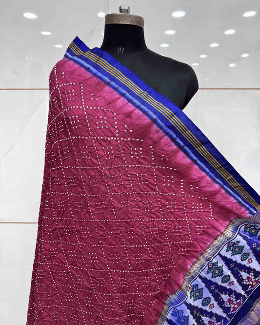 Blue & Wine Bandhani Patola Dupatta - SindhoiPatolaArt