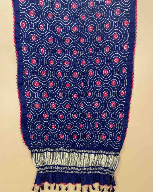 Blue with Red Dots Bandhani Dupatta - SindhoiPatolaArt