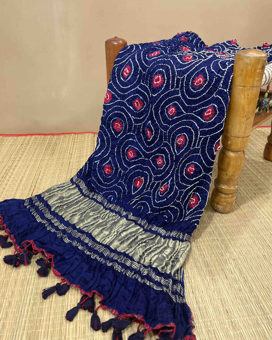 Blue with Red Dots Bandhani Dupatta - SindhoiPatolaArt