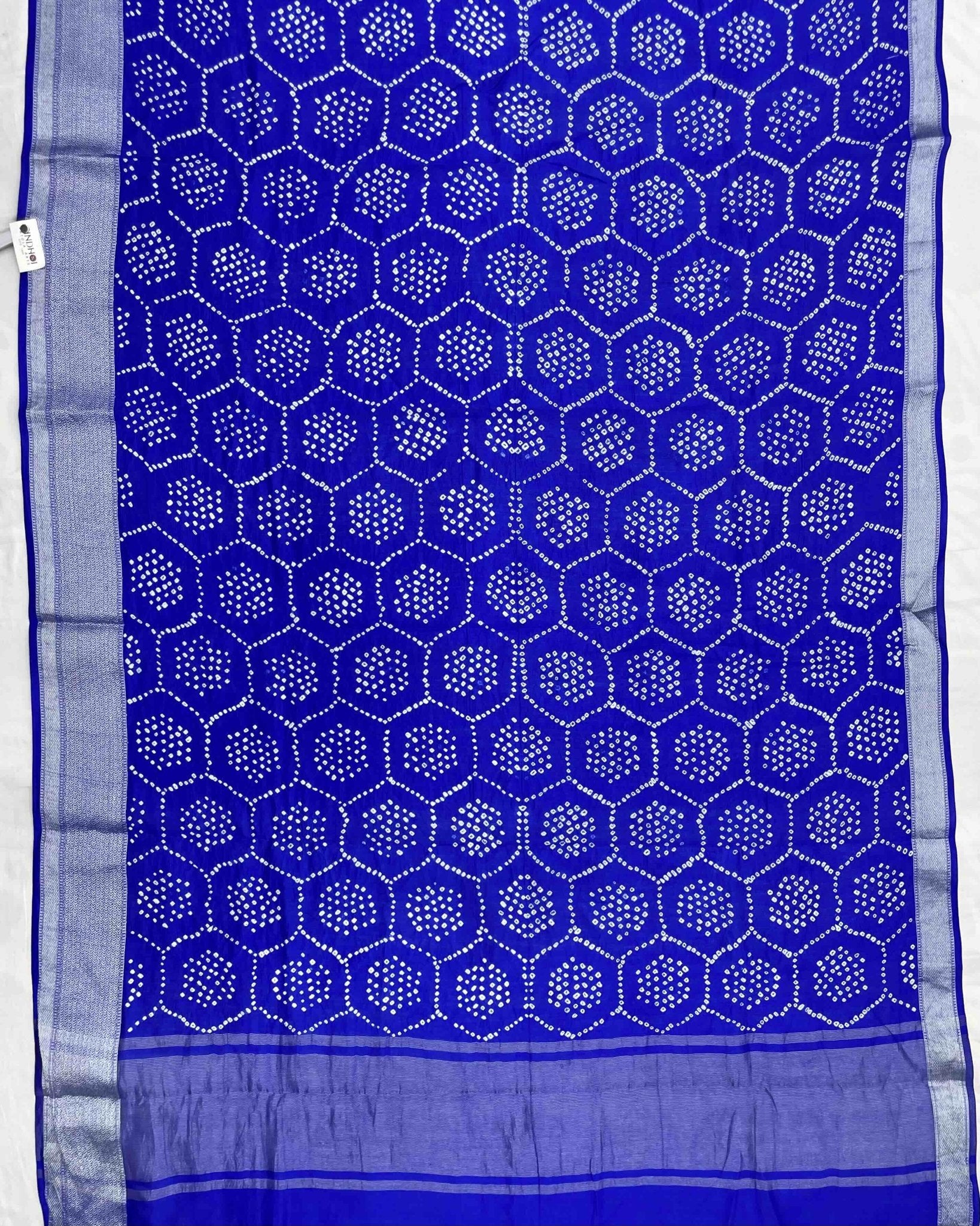 Blue with Silver Border Bandhani Saree - SindhoiPatolaArt