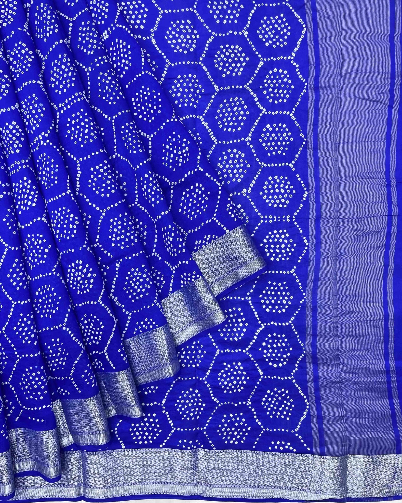 Blue with Silver Border Bandhani Saree - SindhoiPatolaArt