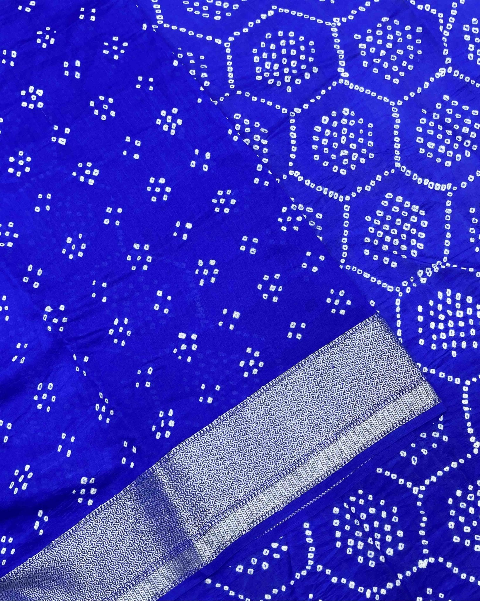 Blue with Silver Border Bandhani Saree - SindhoiPatolaArt