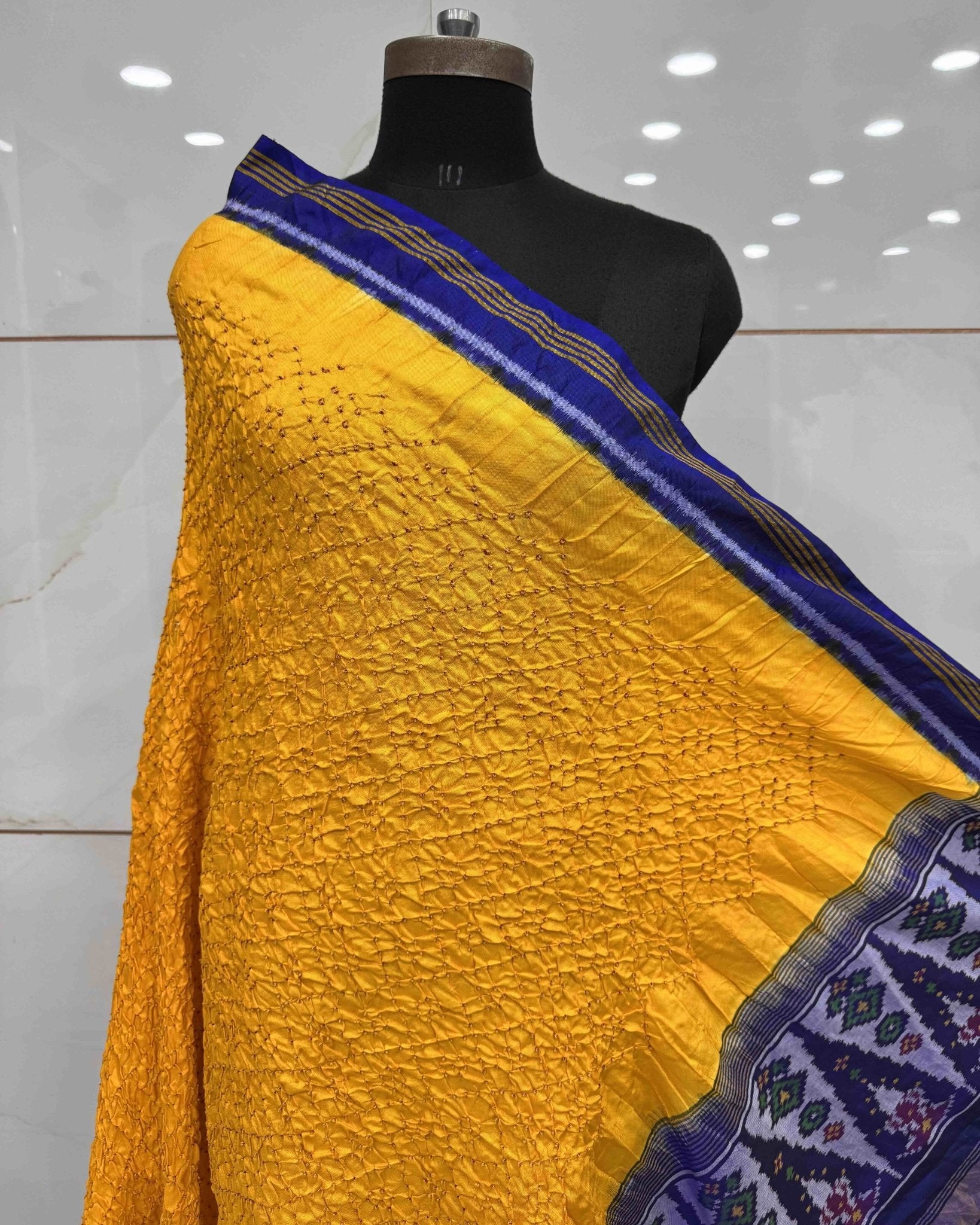Blue & Yellow Bandhani Patola Dupatta - SindhoiPatolaArt