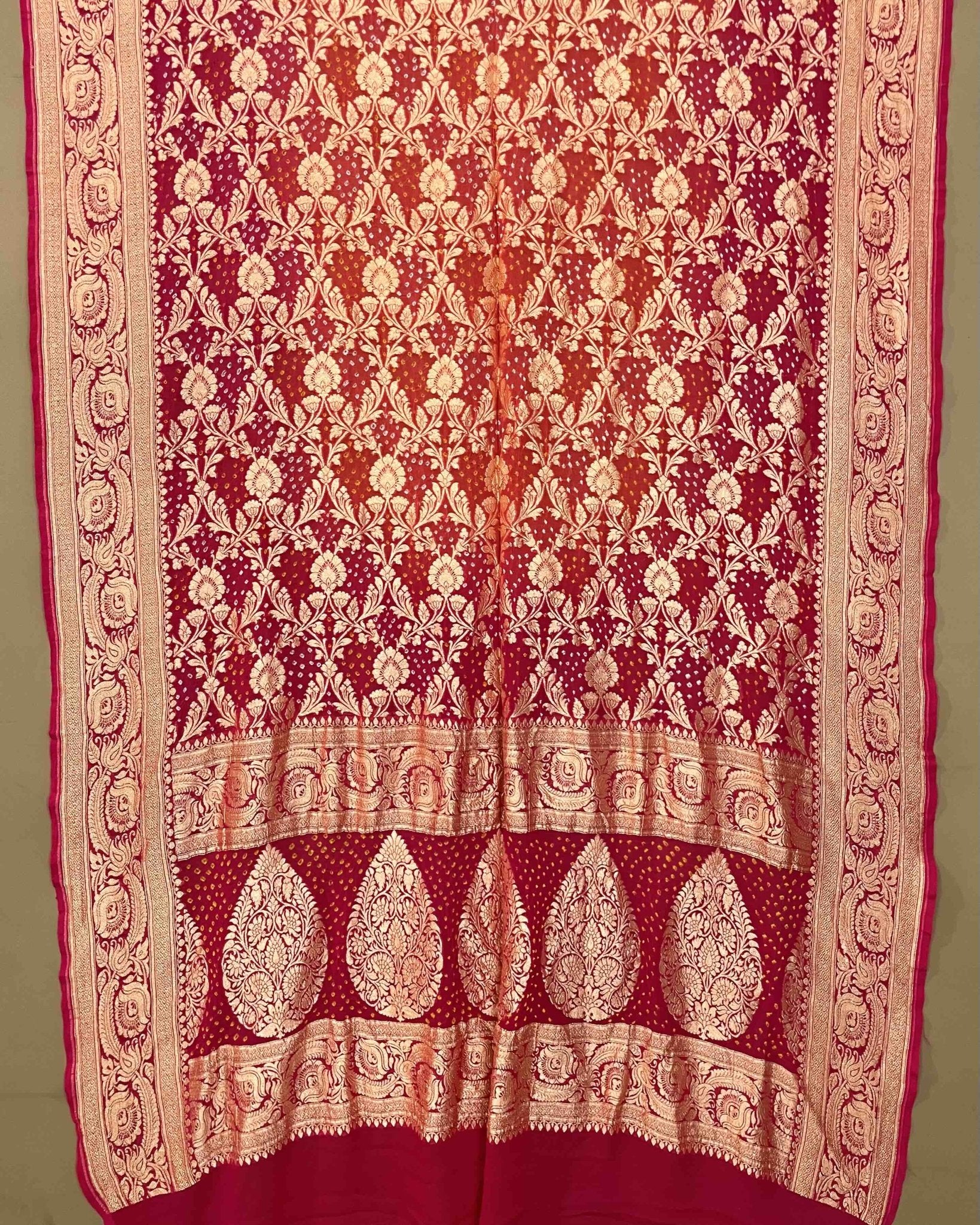 Carrot Pink & Peach Shaded Georgette Bandhani Dupatta - SindhoiPatolaArt