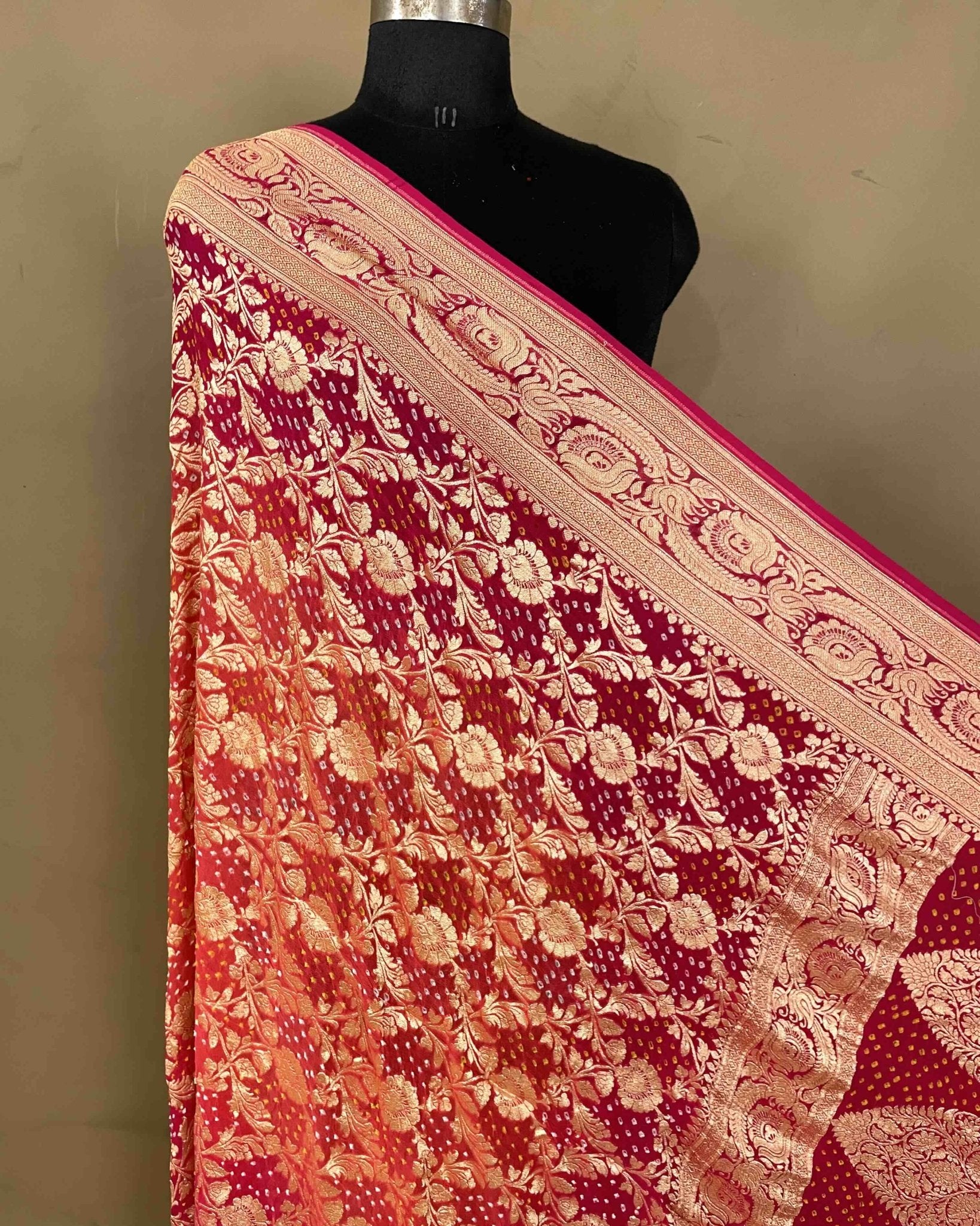 Carrot Pink & Peach Shaded Georgette Bandhani Dupatta - SindhoiPatolaArt
