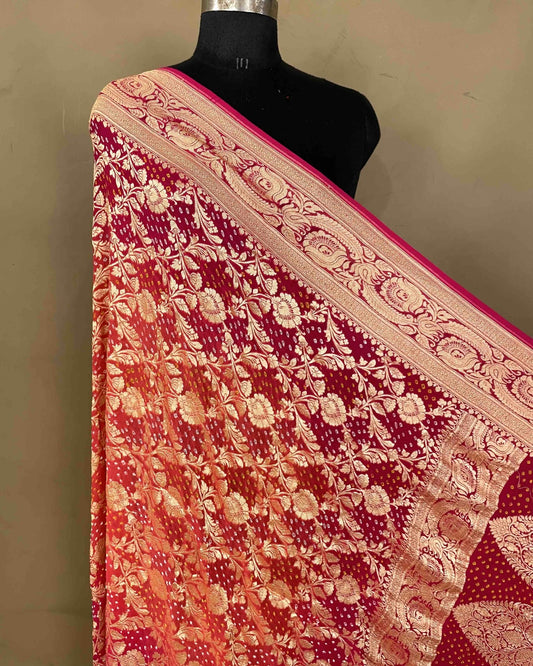 Carrot Pink & Peach Shaded Georgette Bandhani Dupatta - SindhoiPatolaArt