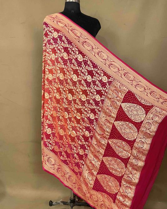 Carrot Pink & Peach Shaded Georgette Bandhani Dupatta - SindhoiPatolaArt
