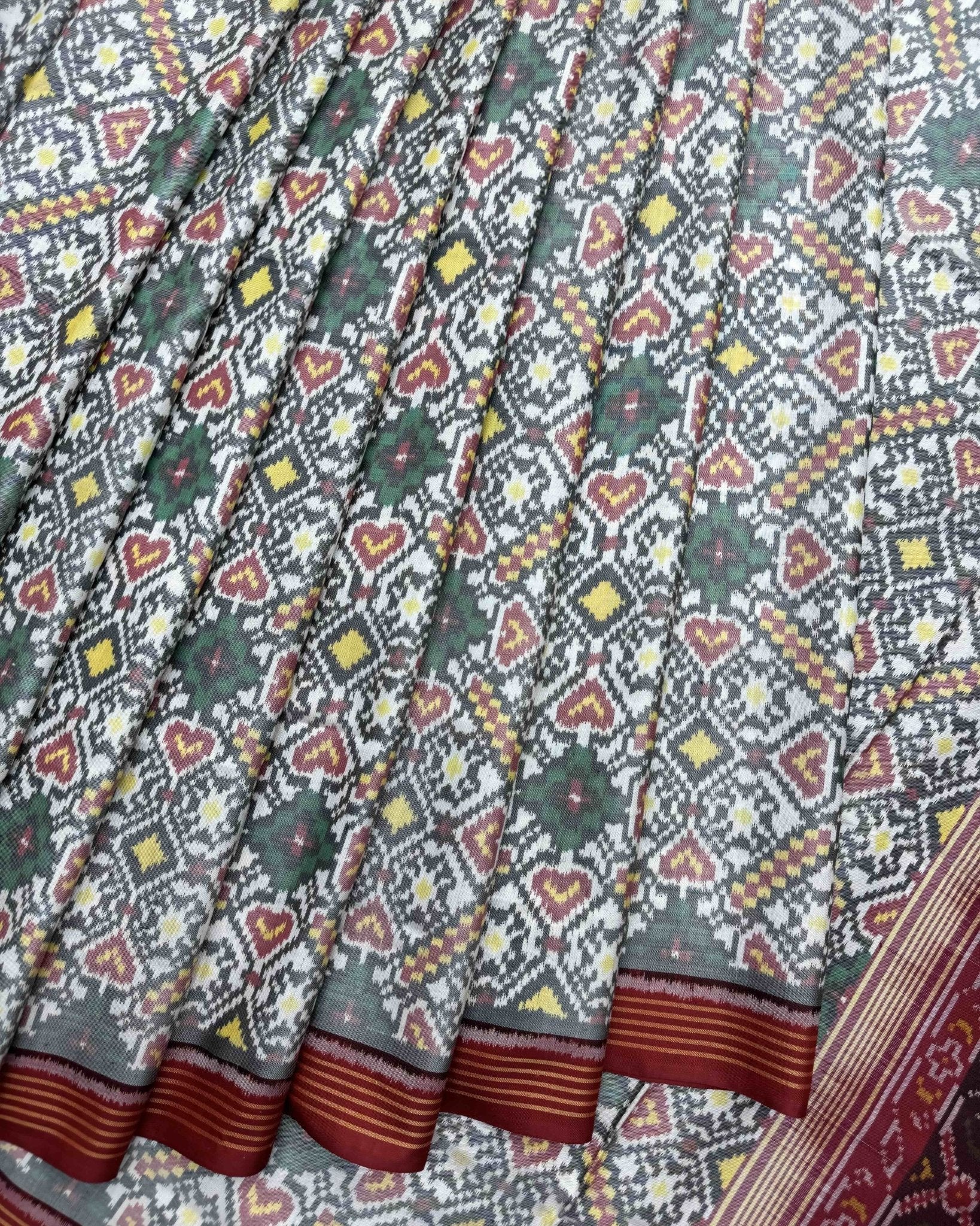 Crimson Red & White Manekchowk Semi Double Ikat Patola Saree - SindhoiPatolaArt