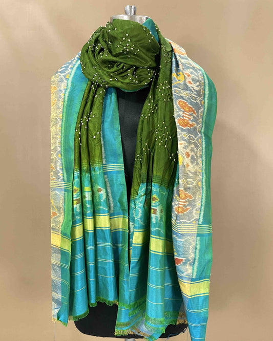 Cyan & Mehendi Green Bandhani Patola Dupatta - SindhoiPatolaArt