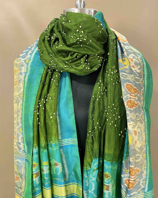 Cyan & Mehendi Green Bandhani Patola Dupatta - SindhoiPatolaArt