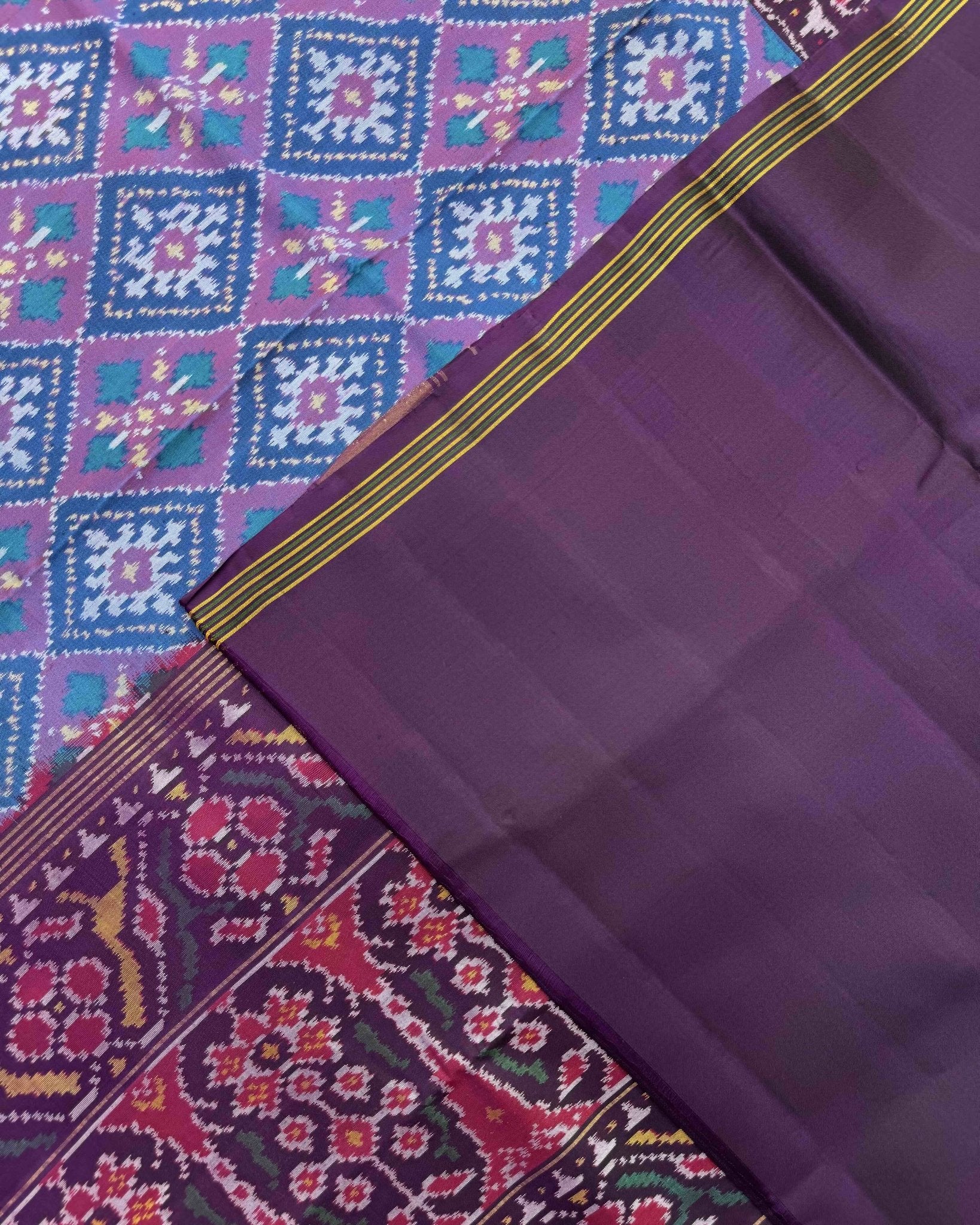 Dark Purple & Sky Blue Panchanda Semi Double Ikat Patola Saree - SindhoiPatolaArt