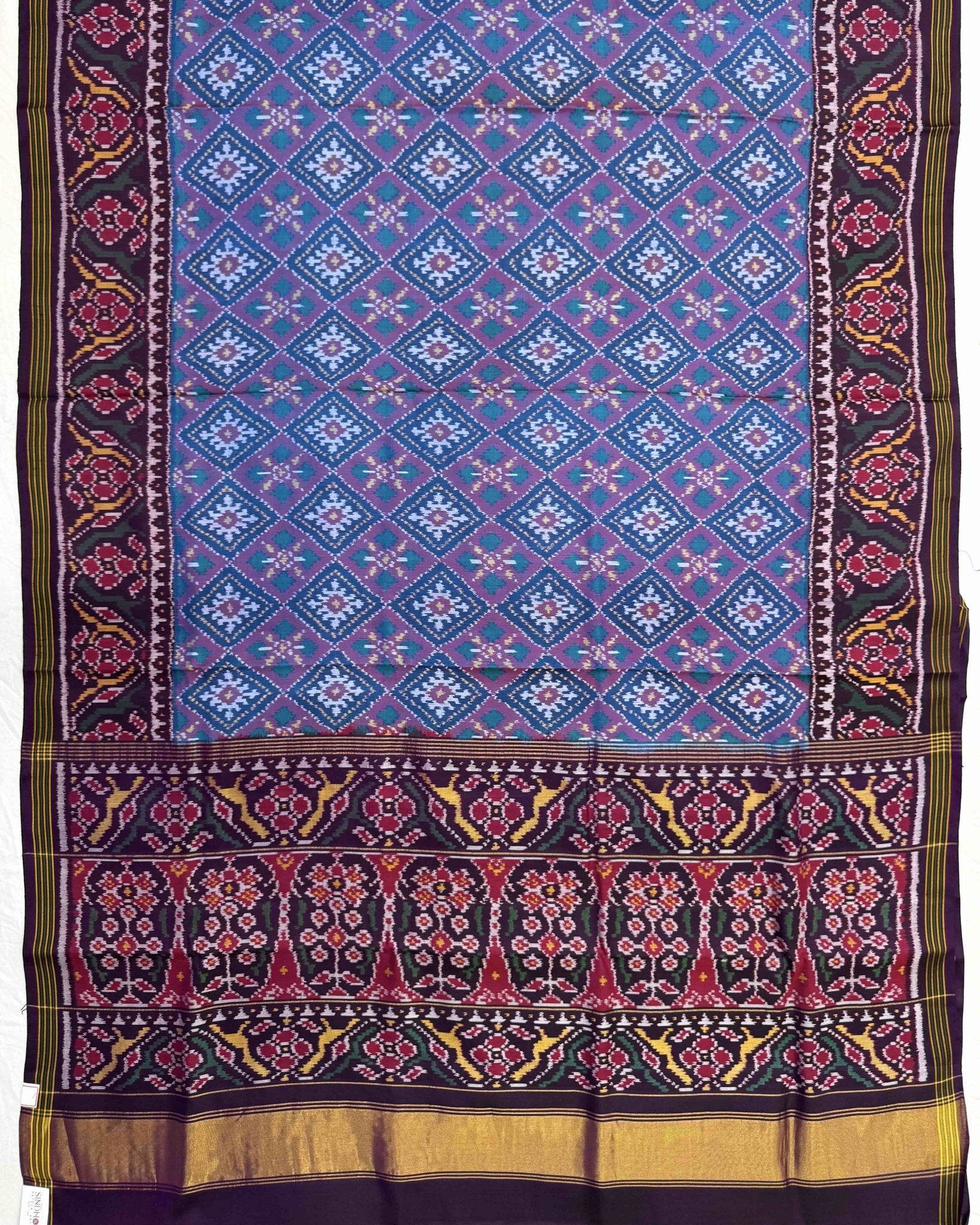 Dark Purple & Sky Blue Panchanda Semi Double Ikat Patola Saree - SindhoiPatolaArt