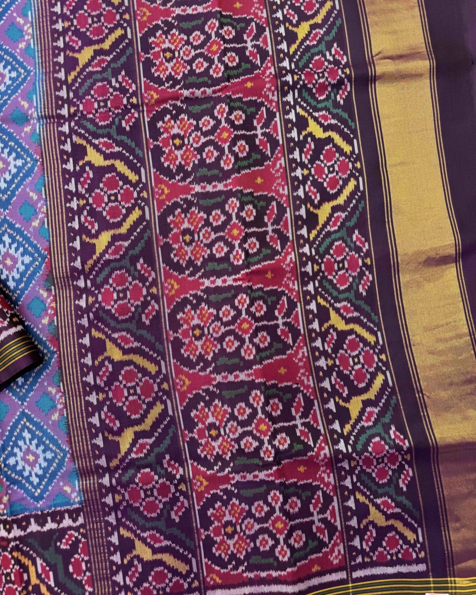 Dark Purple & Sky Blue Panchanda Semi Double Ikat Patola Saree - SindhoiPatolaArt