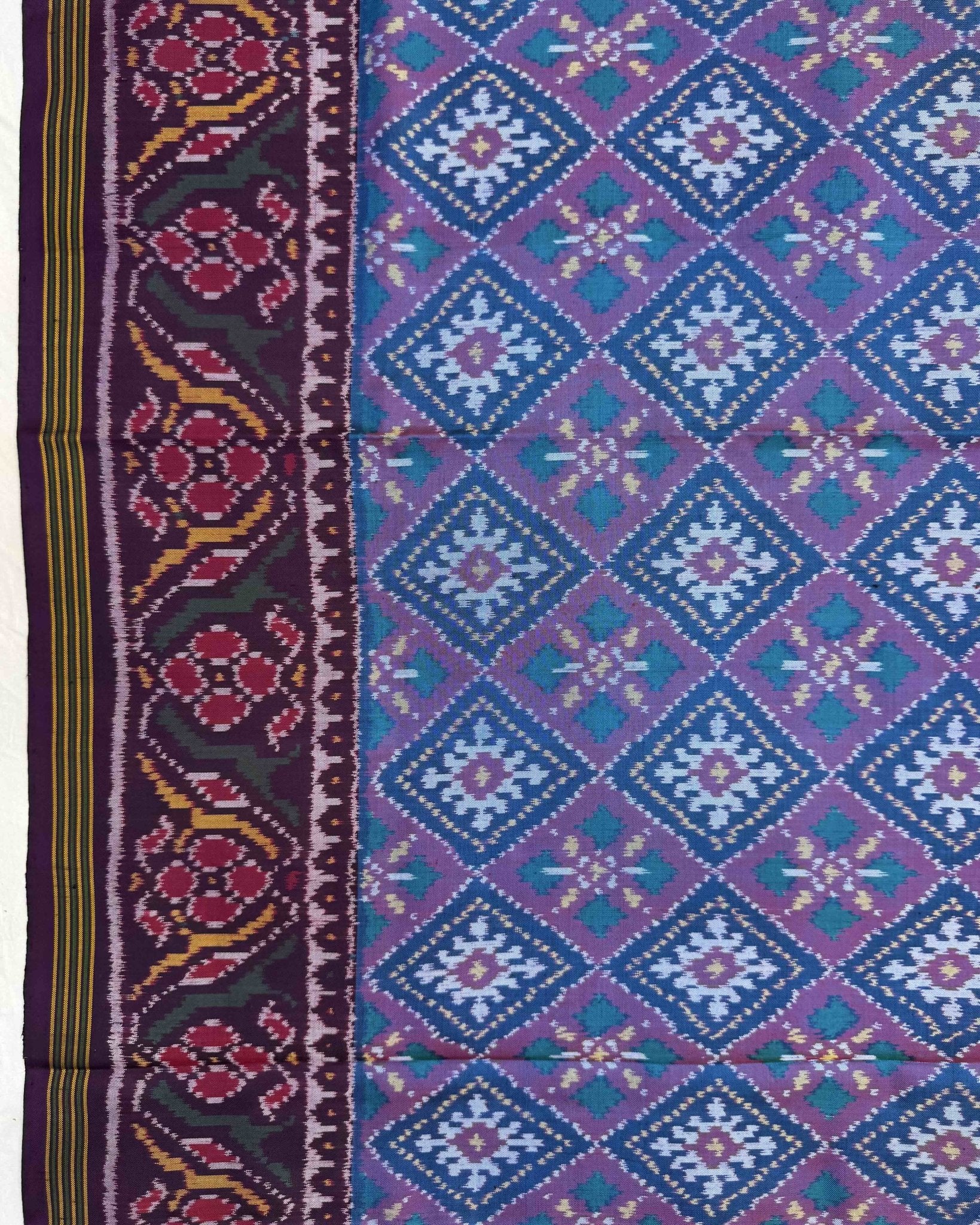 Dark Purple & Sky Blue Panchanda Semi Double Ikat Patola Saree - SindhoiPatolaArt