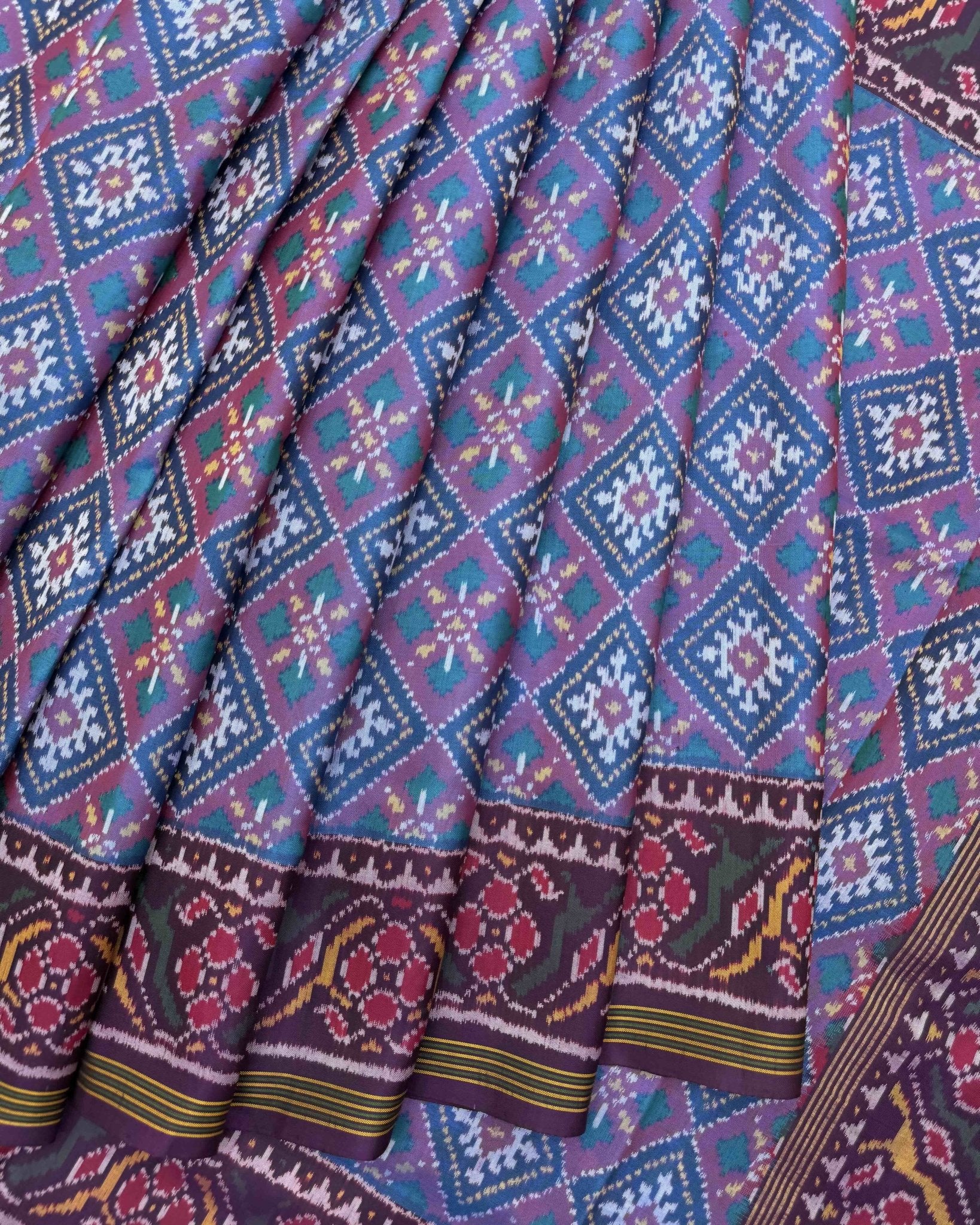 Dark Purple & Sky Blue Panchanda Semi Double Ikat Patola Saree - SindhoiPatolaArt