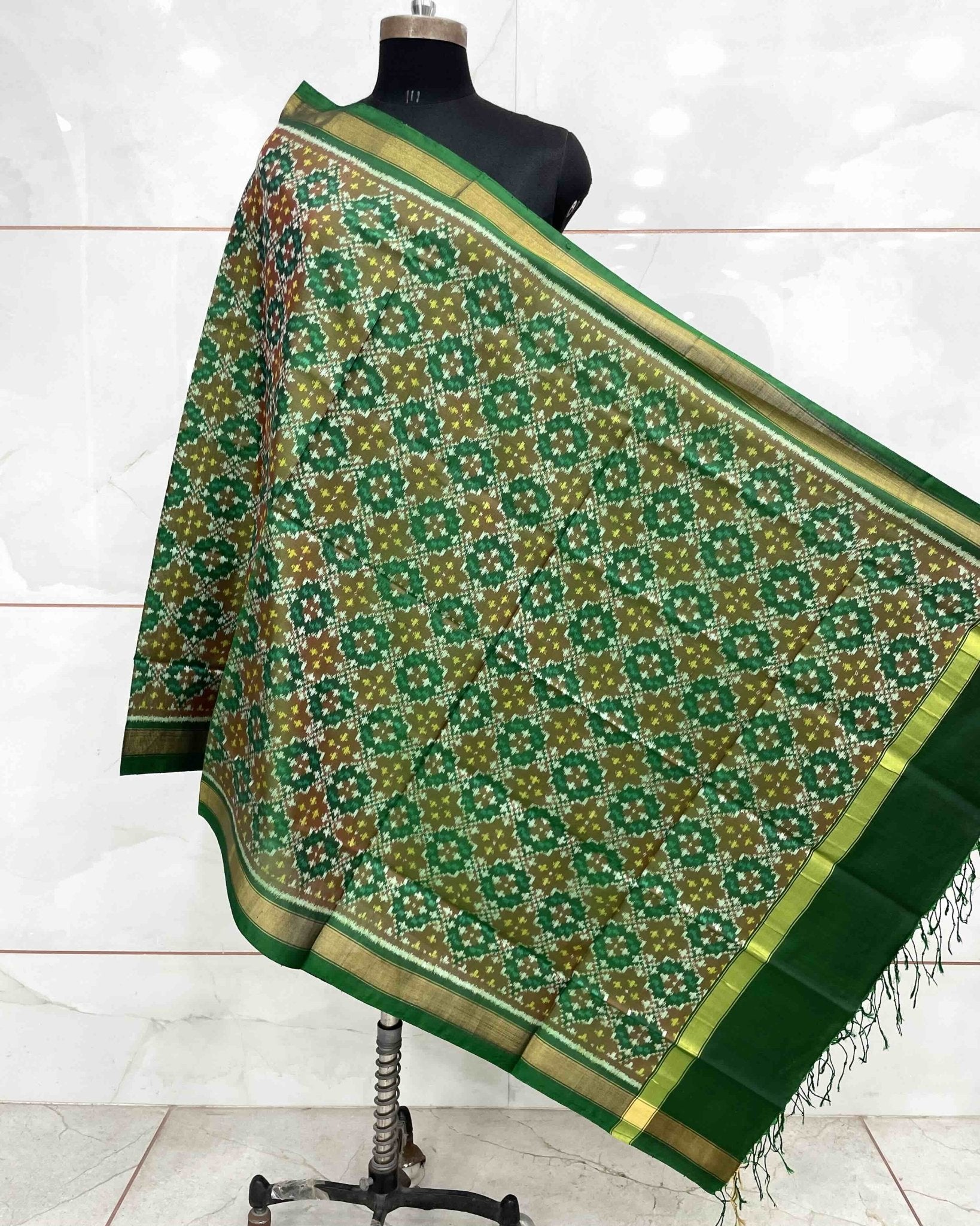 Green Buttonful Design Patola Dupatta - SindhoiPatolaArt