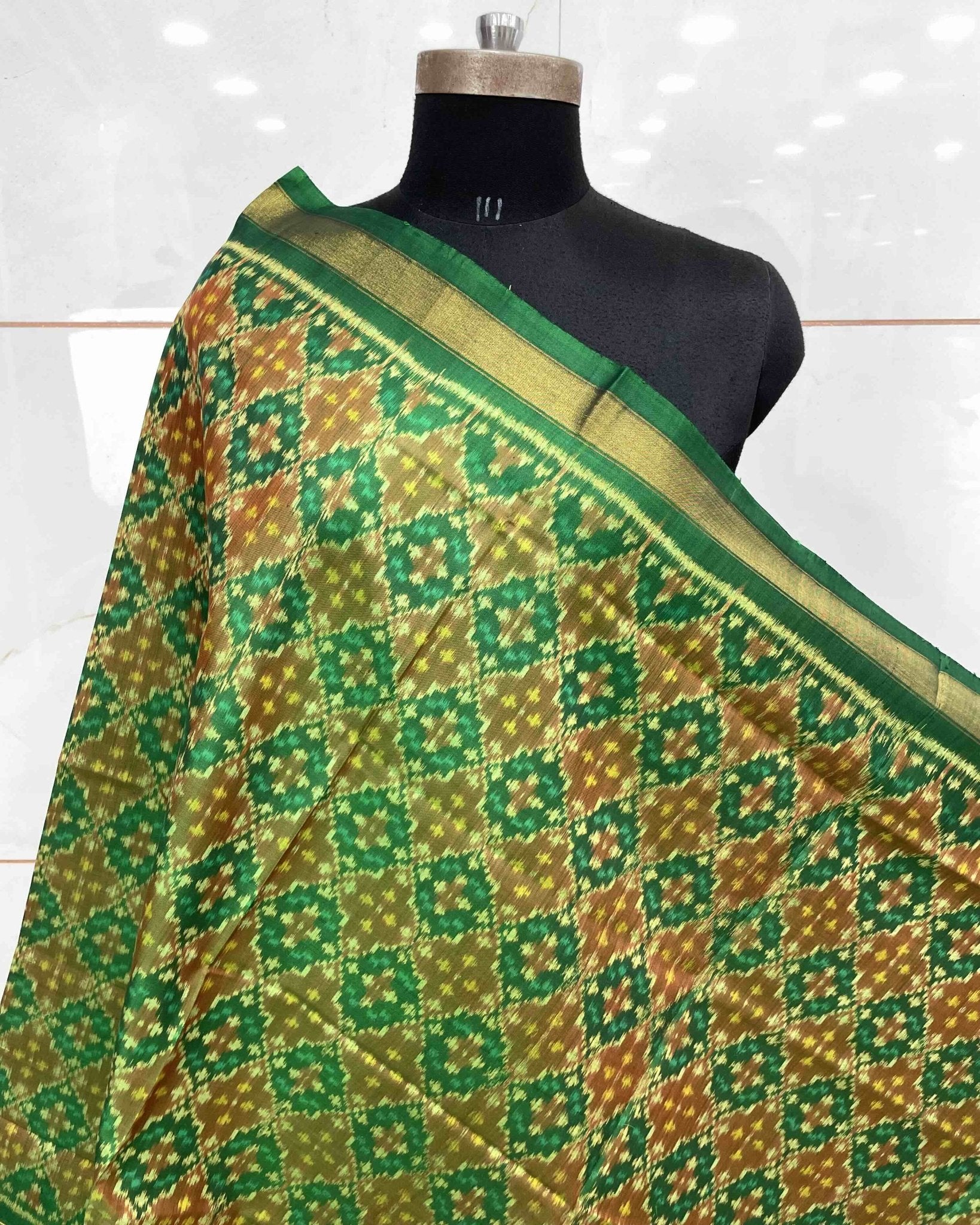 Green Buttonful Design Patola Dupatta - SindhoiPatolaArt
