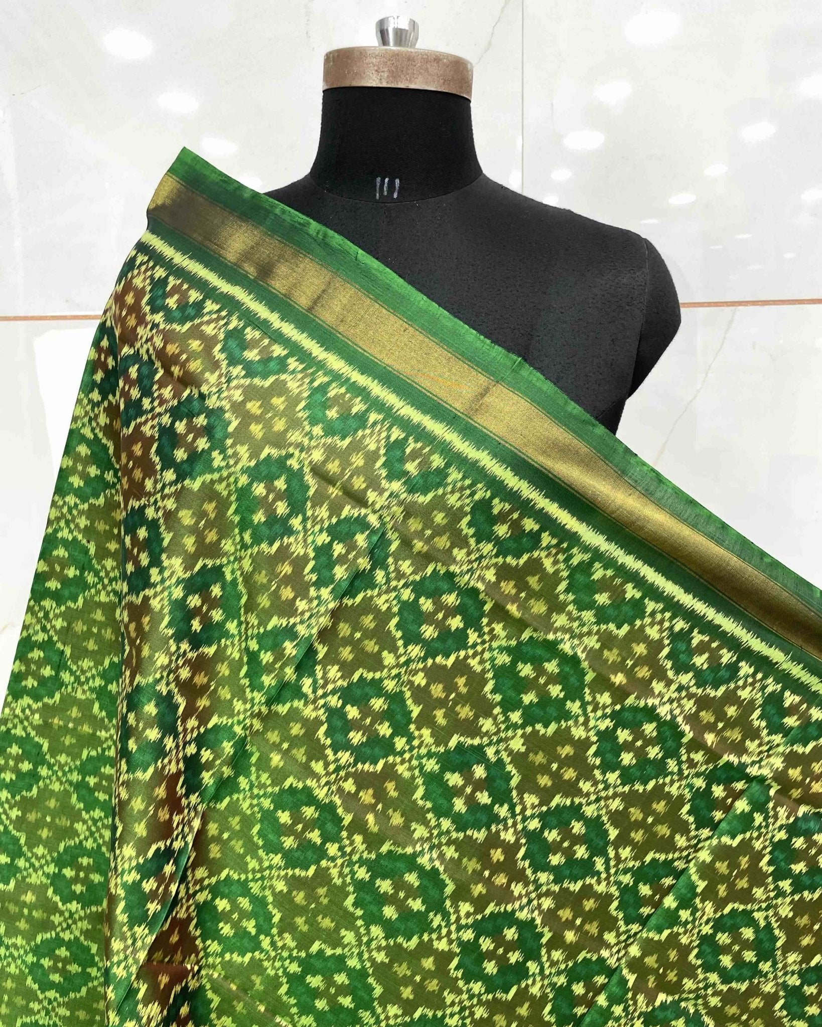 Green Buttonful Design Patola Dupatta - SindhoiPatolaArt