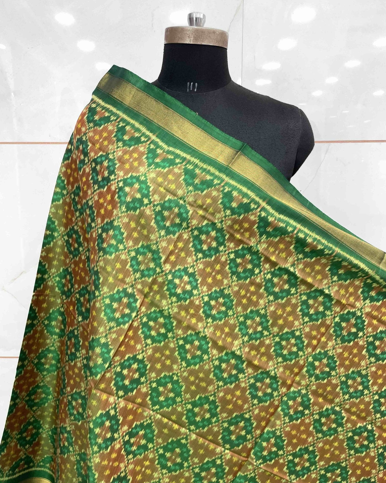 Green Buttonful Design Patola Dupatta - SindhoiPatolaArt