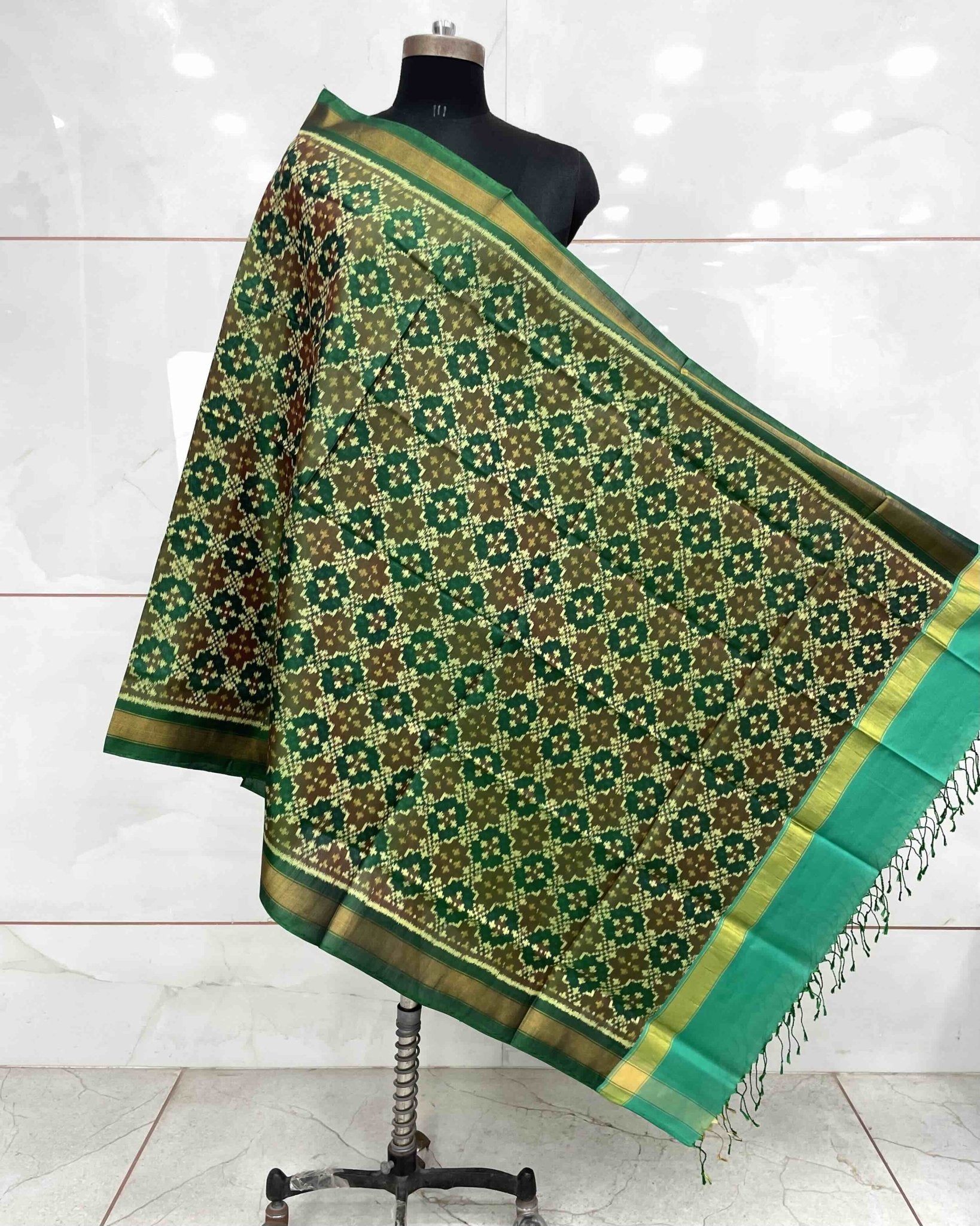 Green Buttonful Design Patola Dupatta - SindhoiPatolaArt