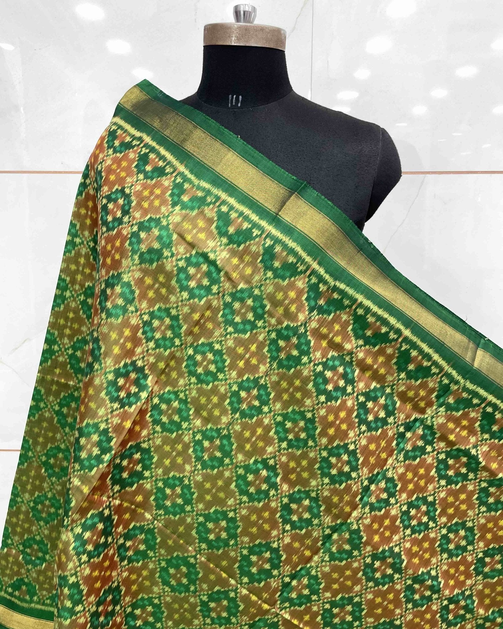 Green Buttonful Design Patola Dupatta - SindhoiPatolaArt