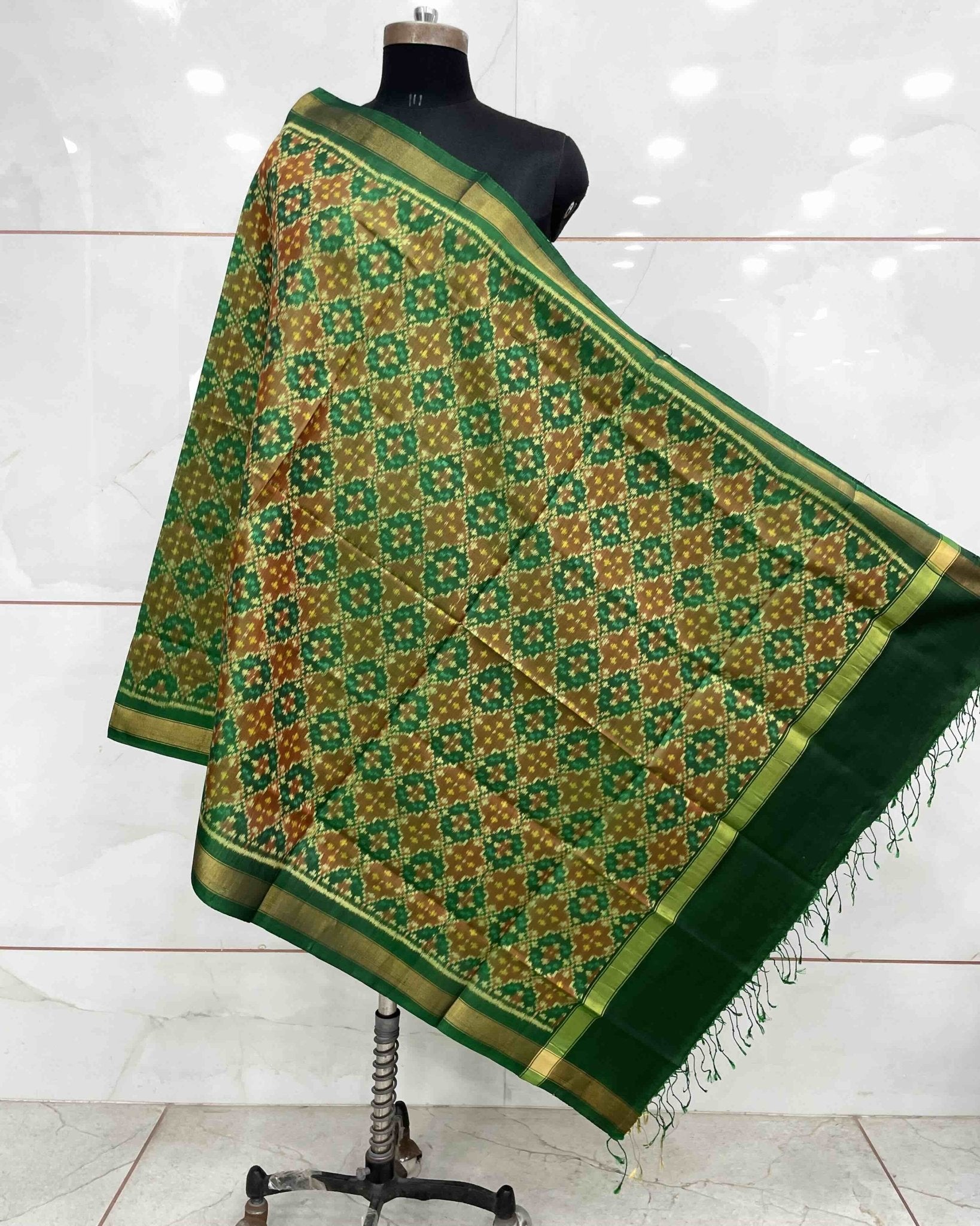 Green Buttonful Design Patola Dupatta - SindhoiPatolaArt