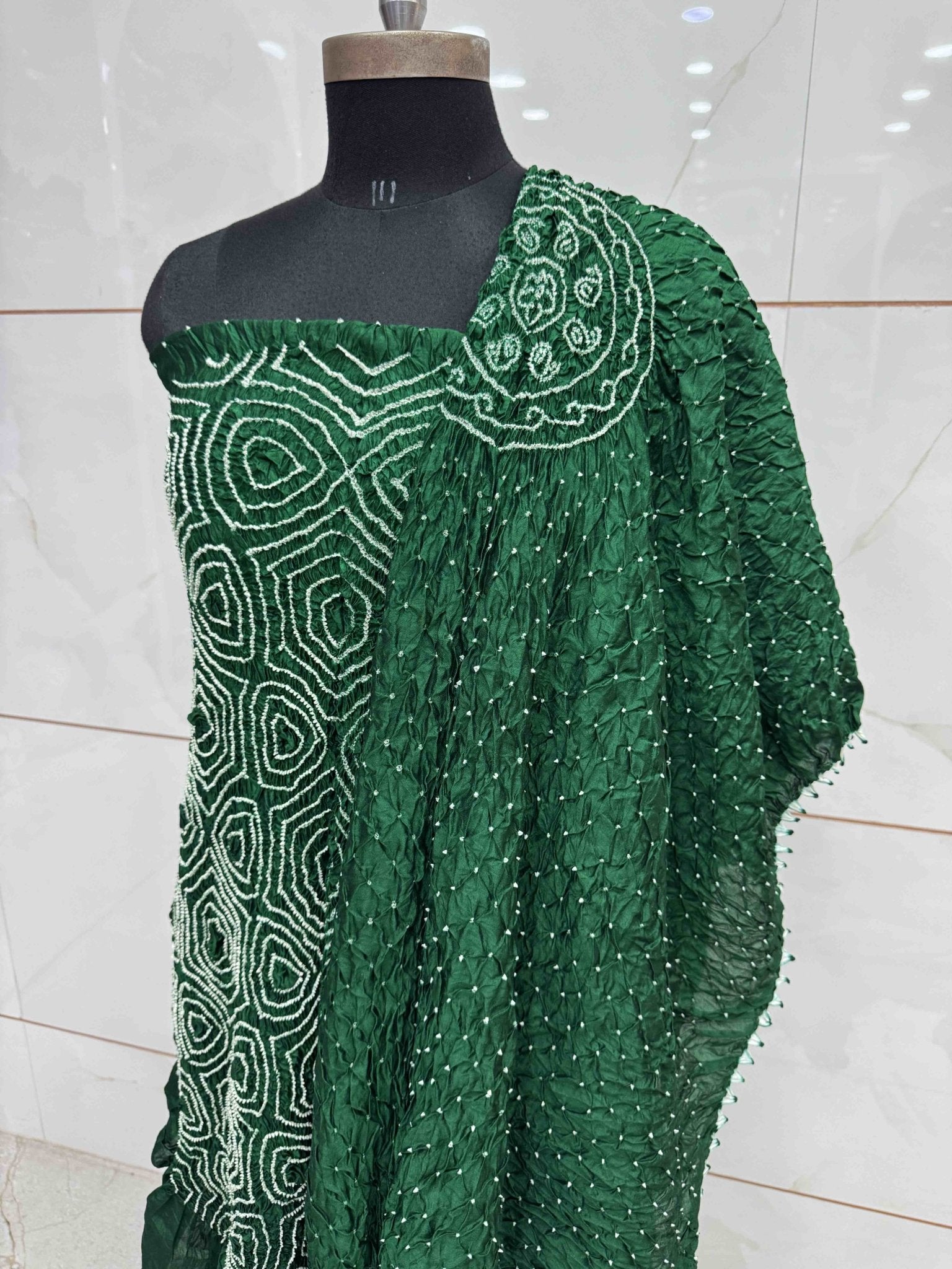 Green Chiniya Silk Bandhani Dress Material - SindhoiPatolaArt
