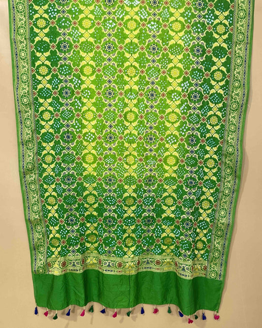 Green Dupion Bandhani Dupatta - SindhoiPatolaArt