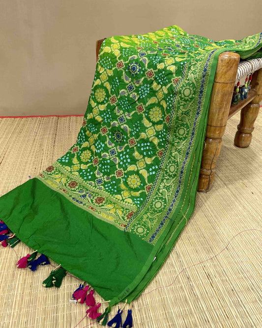 Green Dupion Bandhani Dupatta - SindhoiPatolaArt