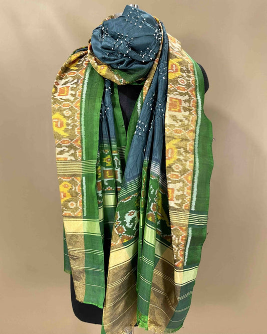 Green & Grey Bandhani Patola Dupatta - SindhoiPatolaArt