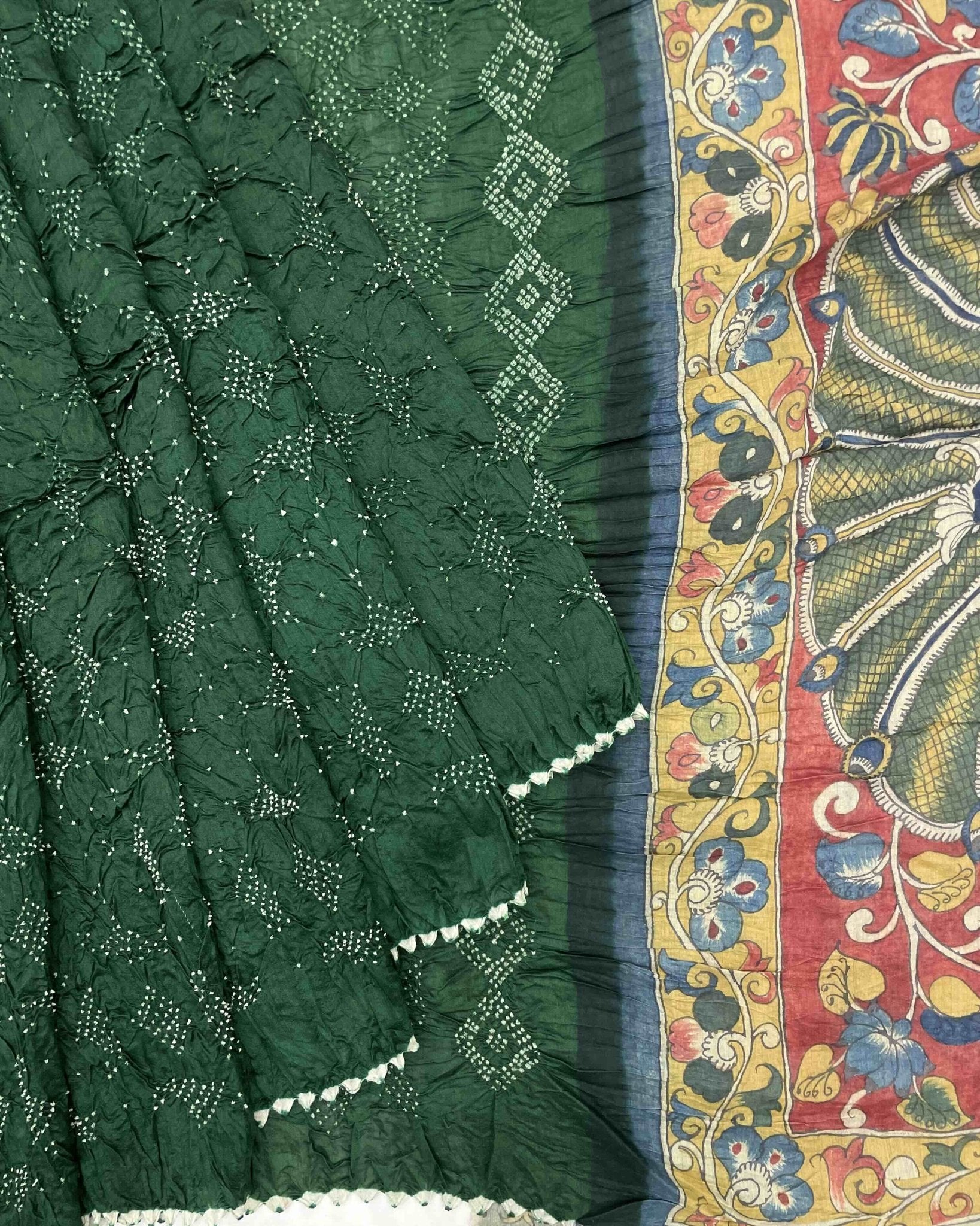 Green Munga Silk Pen Kamalkari Bandhani Saree - SindhoiPatolaArt