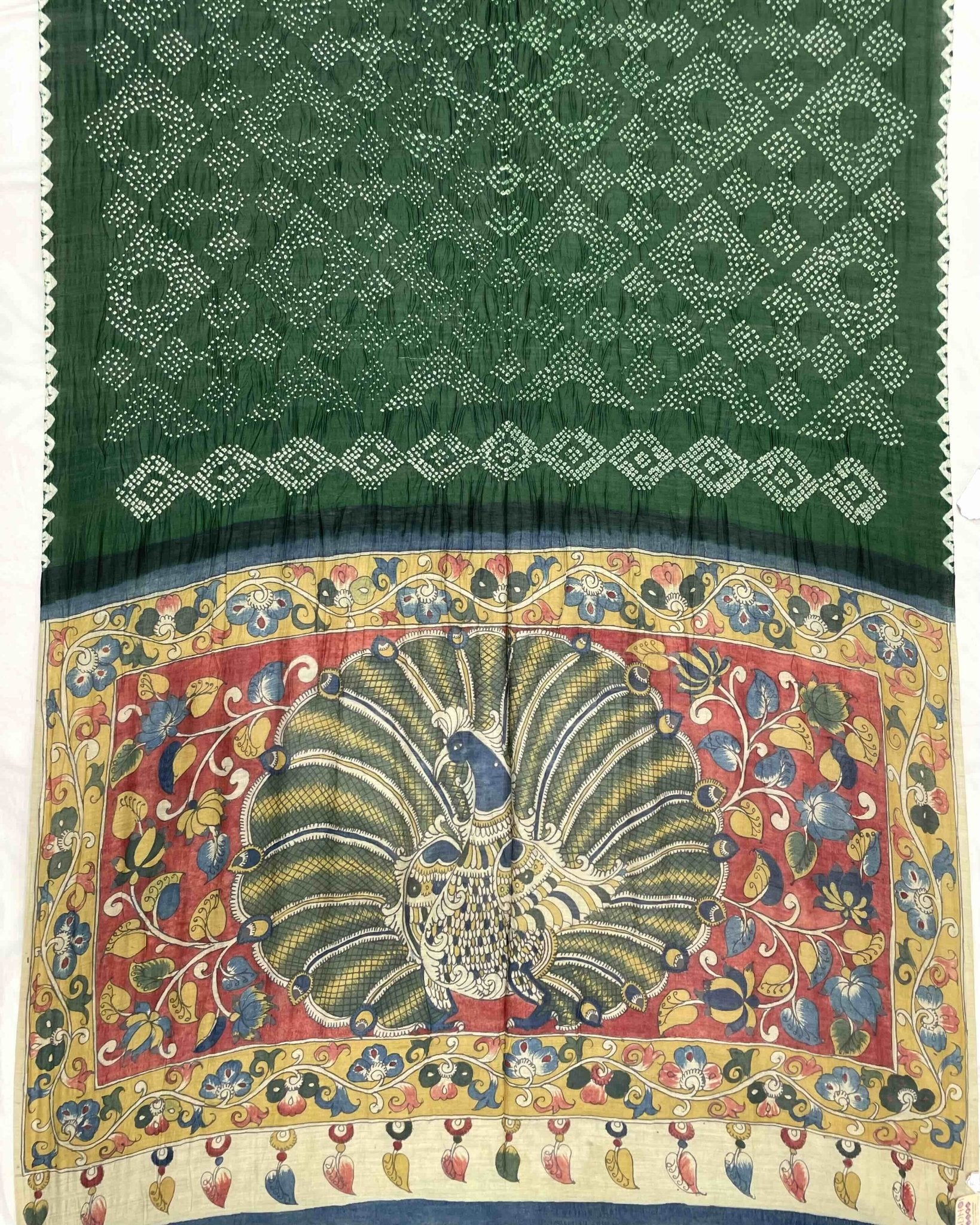 Green Munga Silk Pen Kamalkari Bandhani Saree - SindhoiPatolaArt
